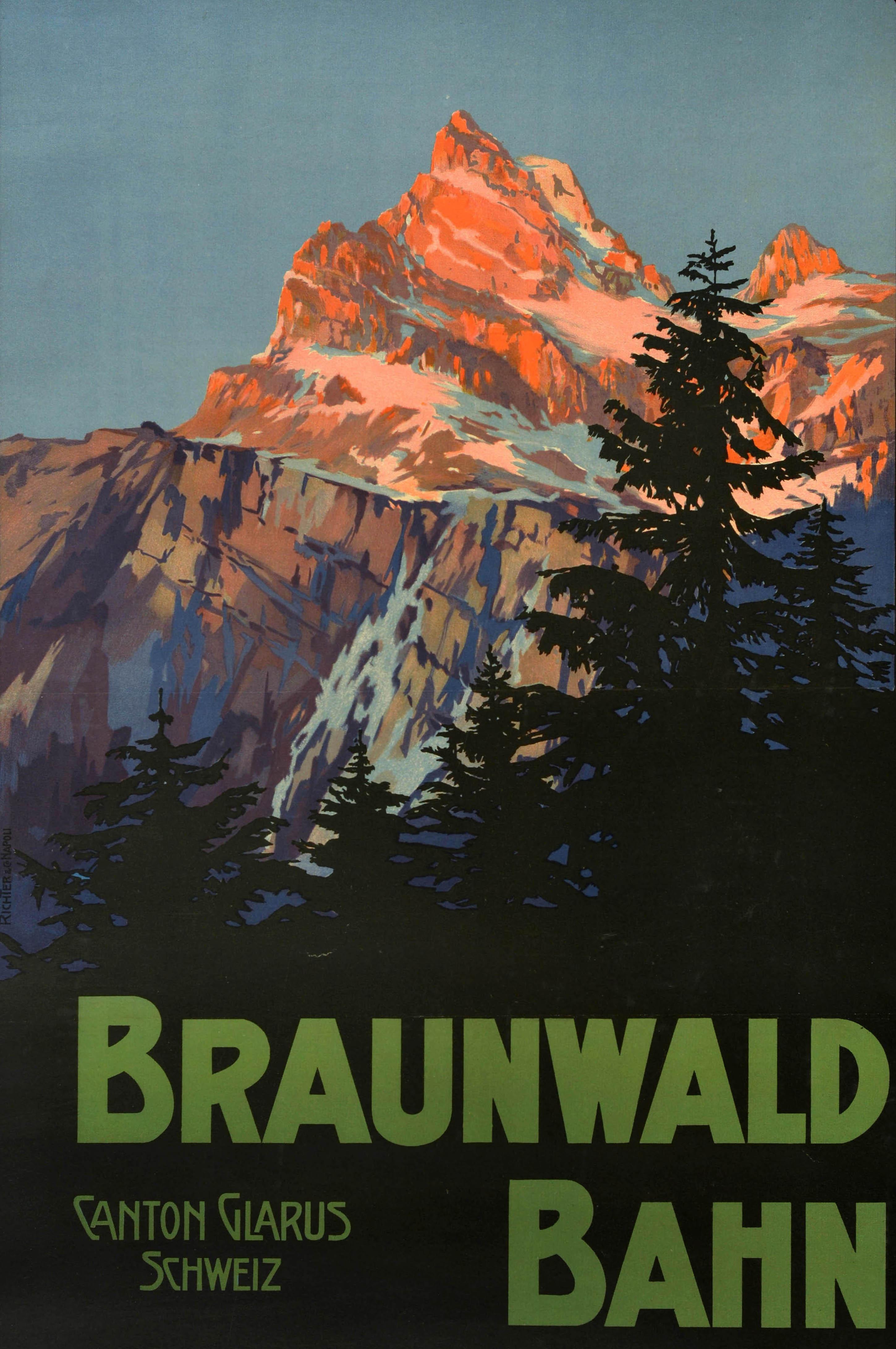 Originales antikes Reise-Werbeplakat für die Braunwaldbahn in der Schweiz  - Braunwald Bahn Kanton Glarus Schweiz -  mit einem großartigen Kunstwerk, das einen dramatischen Blick auf einen von der Sonne beleuchteten Berggipfel mit Schnee auf den