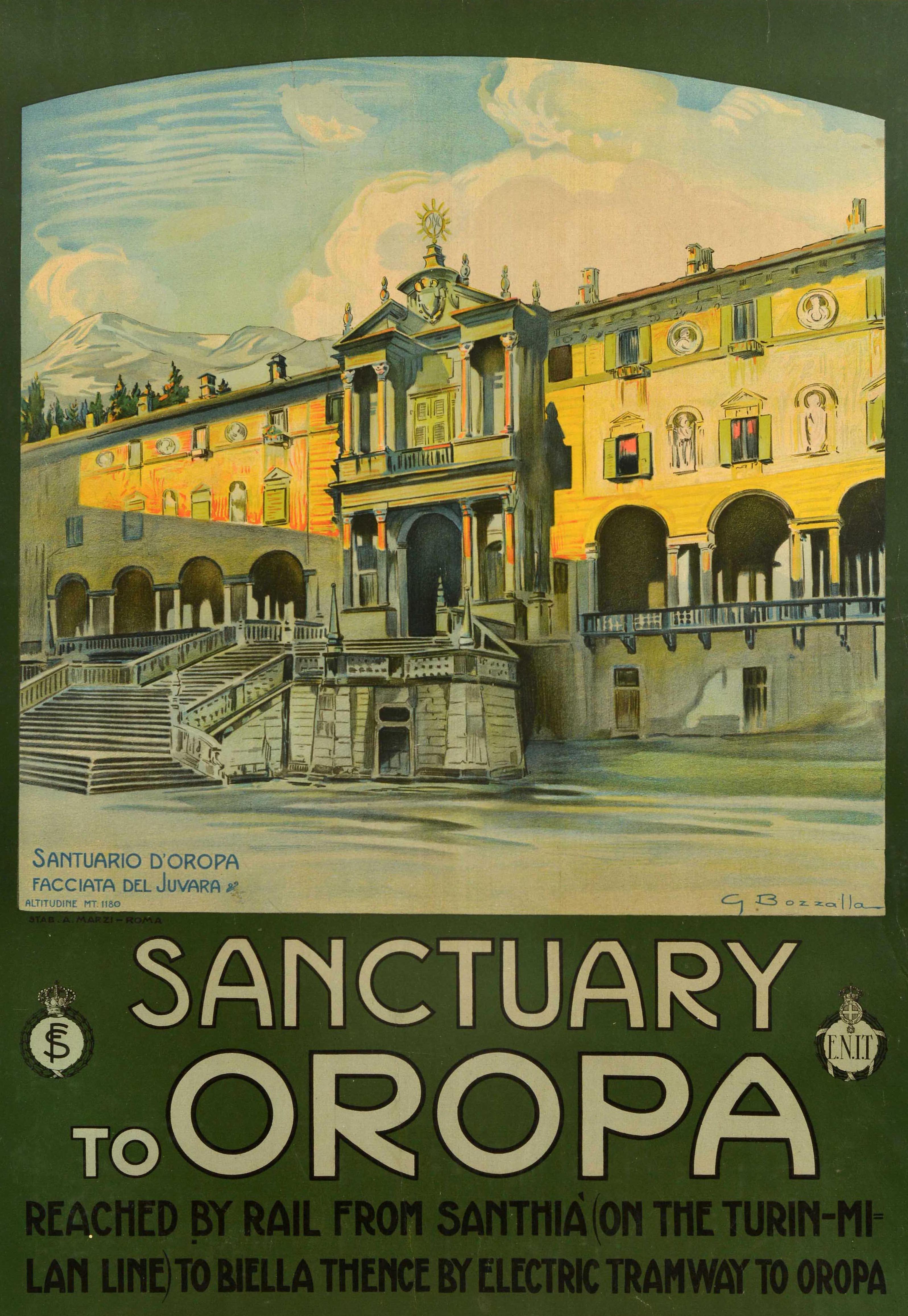 Manifesto pubblicitario d'epoca originale pubblicato dall'ENIT - Santuario di Oropa raggiungibile in treno da Santhià (sulla linea Torino-Milano) a Biella e poi in tramvia elettrica fino a Oropa - con un'opera scenografica del pittore italiano