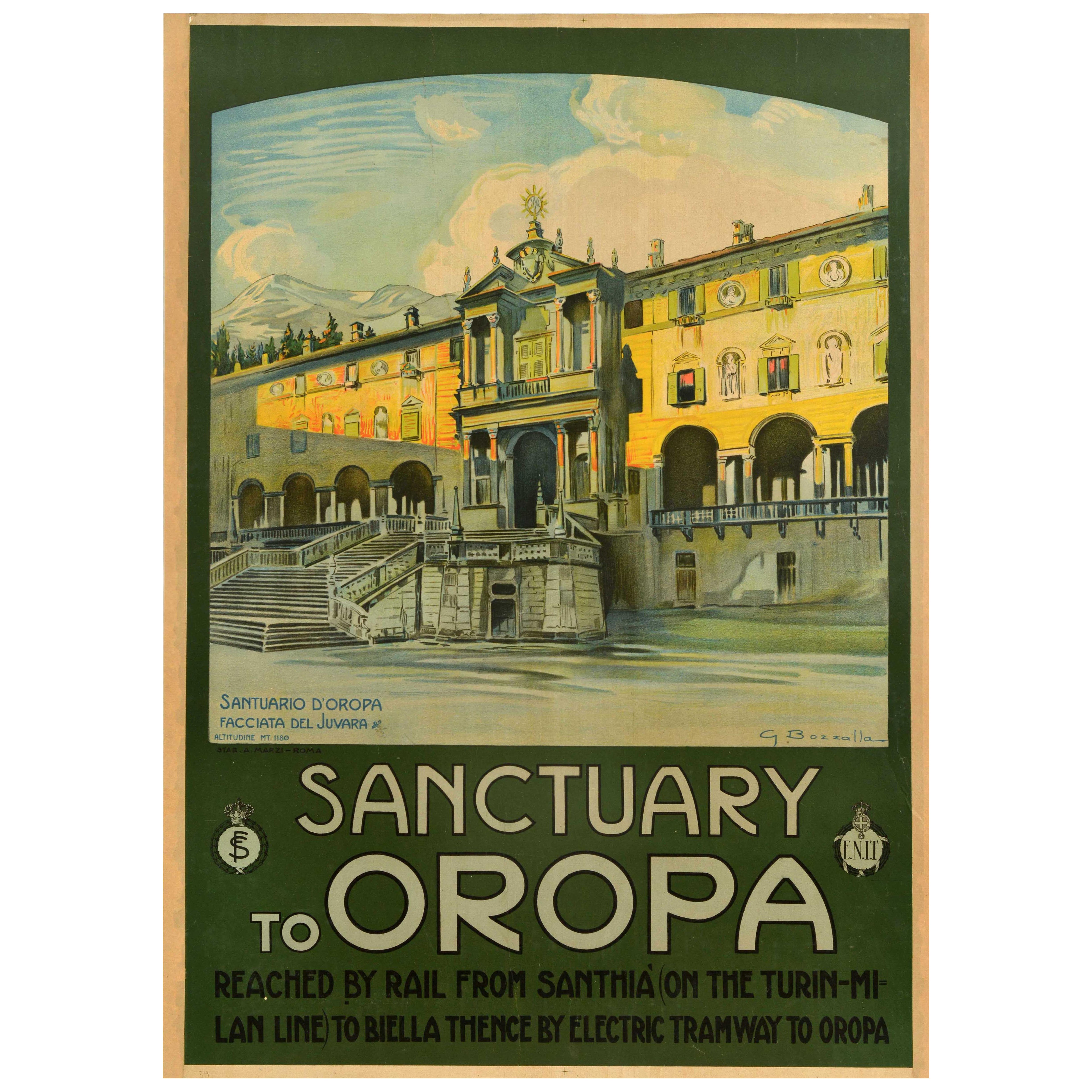 Poster pubblicitario di viaggio originale antico Santuario di Oropa ENIT Italia Bozzalla in vendita