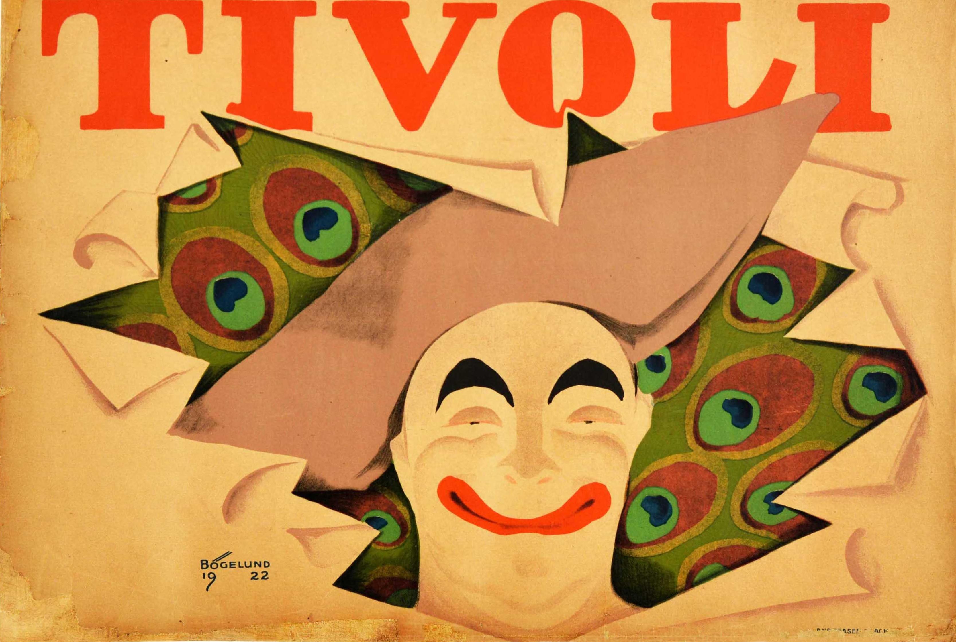 Original antique poster for the world's second-oldest amusement park - Tivoli - featuring a fantastic illustration of a smiling clown in a hat looking at the viewer through a torn Tivoli advertisement poster with a peacock feather background and the
