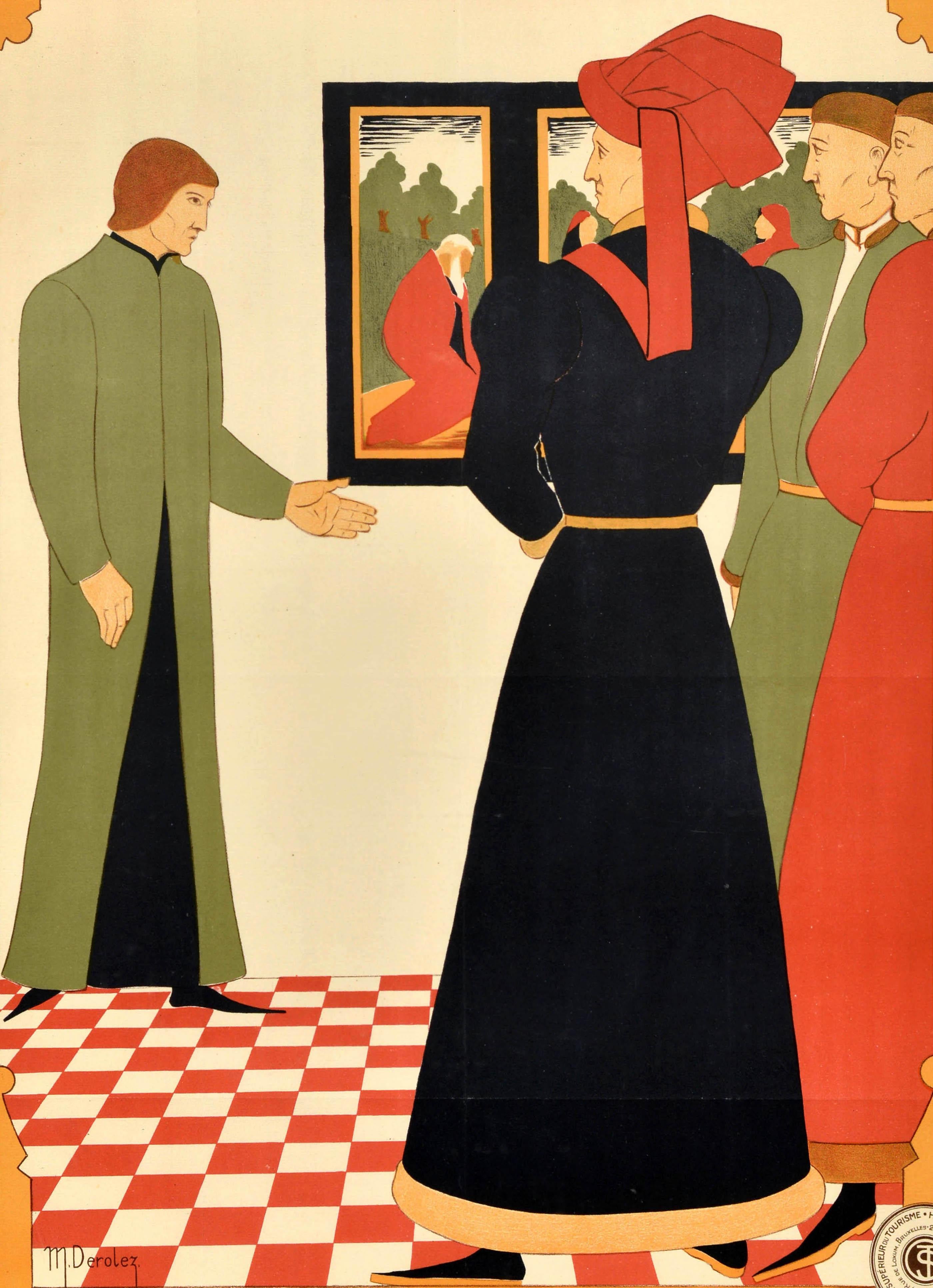 Originales antikes Reiseplakat der belgischen Eisenbahn - Belgische Kunststädte - mit einem großartigen Bild, das Herren in traditioneller Kleidung mit spitzen Schuhen, langen Mänteln und Kopfbedeckungen zeigt, die Gemälde betrachten, die ihnen von