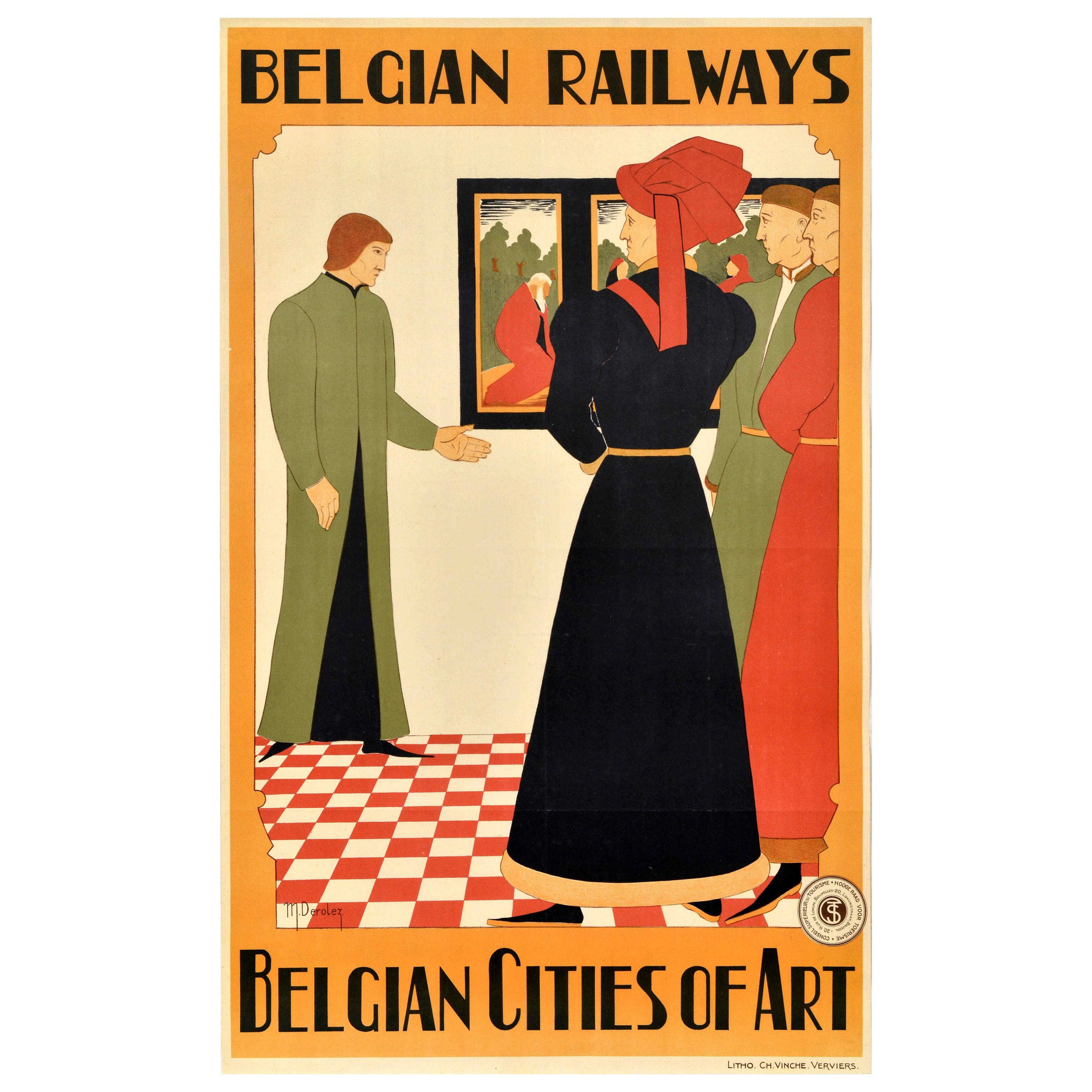 Original Antique Travel Poster Belgian Railways Cities Of Art Deco M Derolez