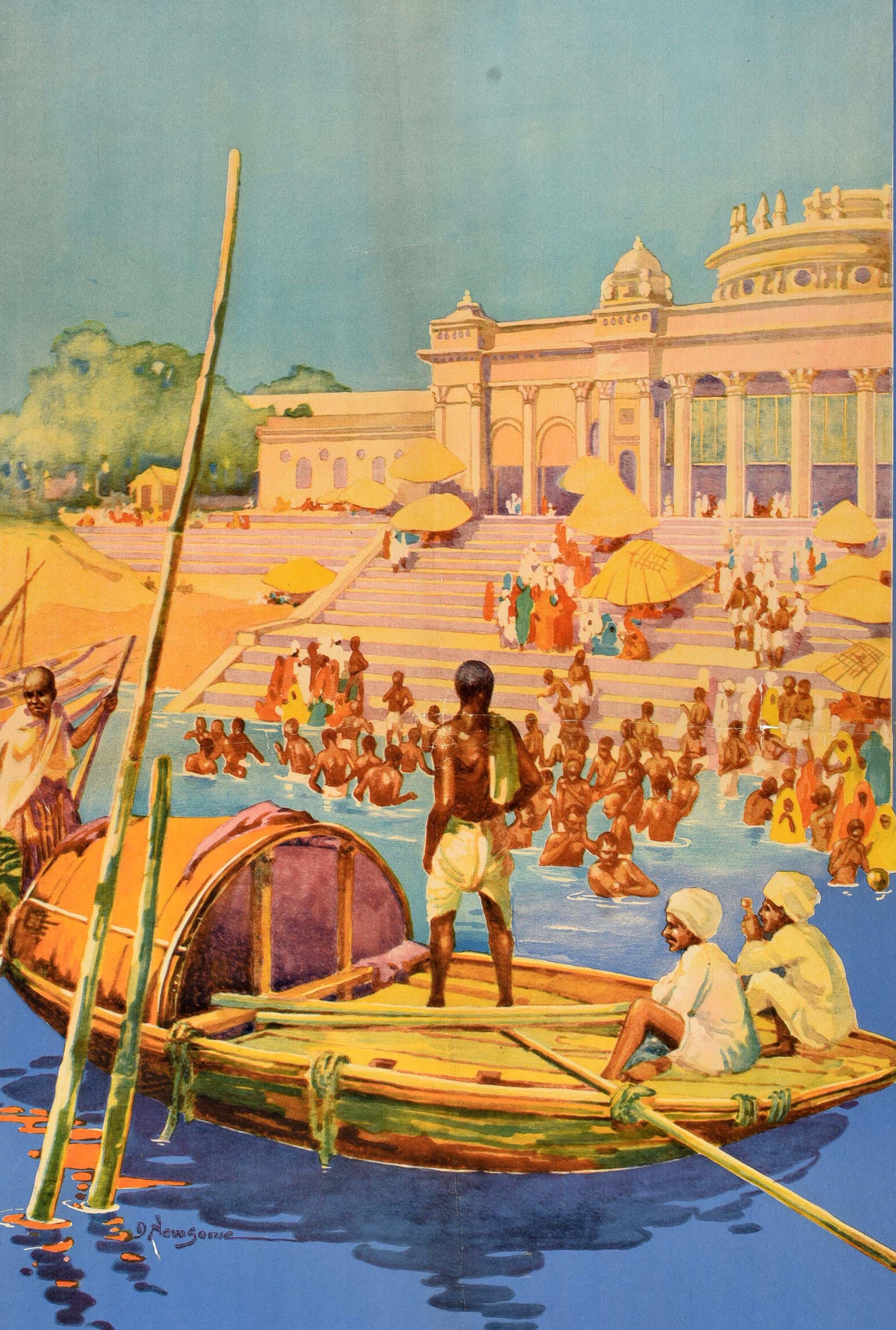 Original antique Asia travel poster for Mullick Ghat Calcutta / Kolkata in India featuring artwork by the British artist Dorothy Newsome (1900-1980) showing people, some families and children socialising and washing on the ghats, the steps leading