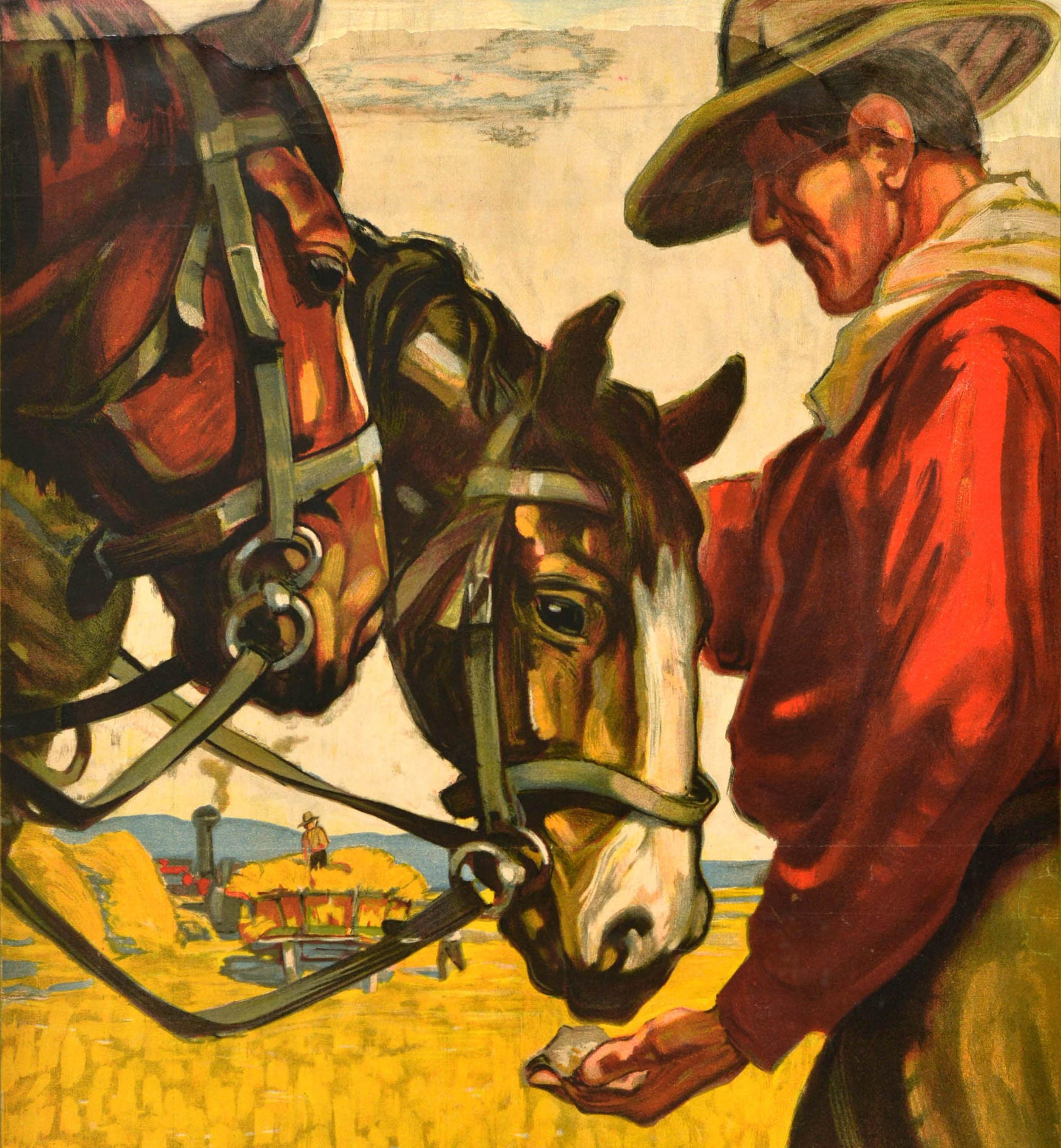 Original antique travel poster for Canadian Pacific to the Canadian Farm Empress Steamers Express Trains featuring artwork by the Swiss designer Hugo Laubi (1888-1959) depicting an agricultural scene showing a man feeding horses in the foreground