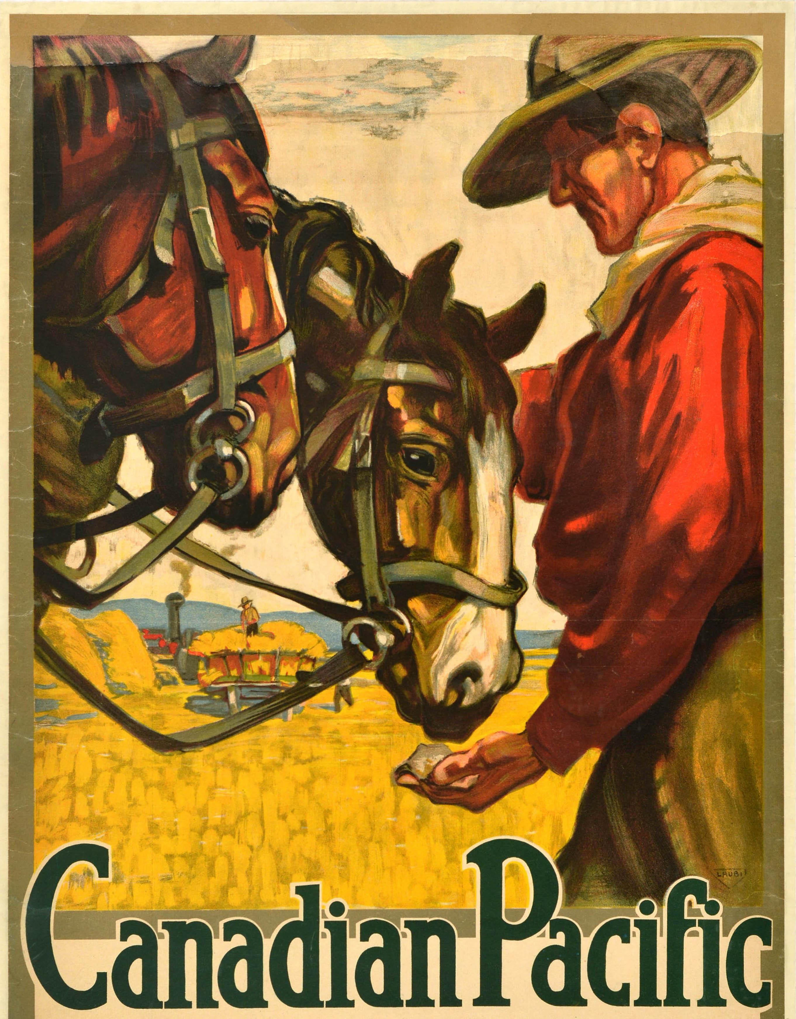 British Original Antique Travel Poster Canadian Pacific to the Canadian Farm Hugo Laubi