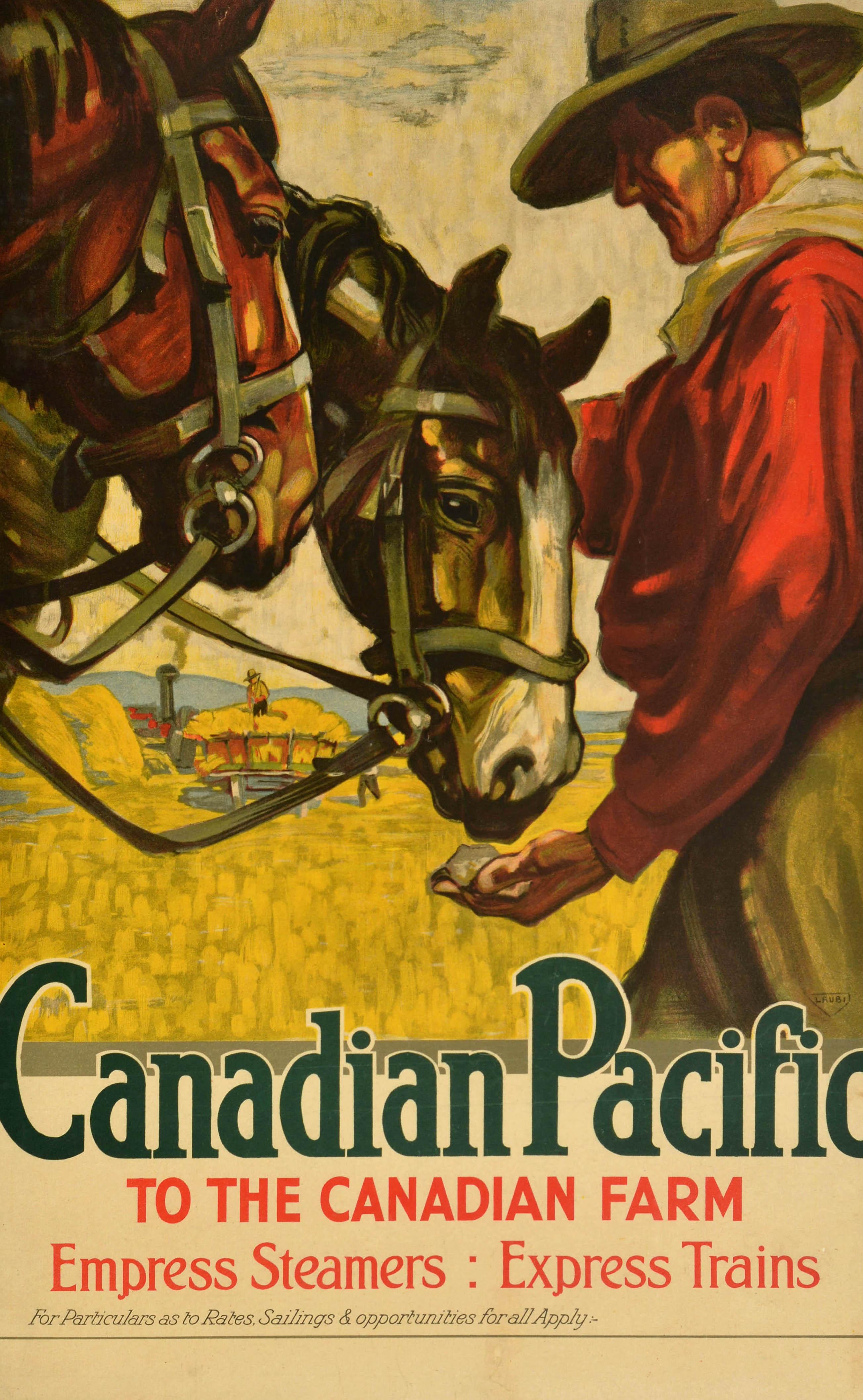 Manifesto di viaggio originale d'epoca della Canadian Pacific per i treni espressi Canadian Farm Empress Steamers con un'opera d'arte del disegnatore svizzero Hugo Laubi (1888-1959) raffigurante una scena agricola che mostra un uomo con un cappello