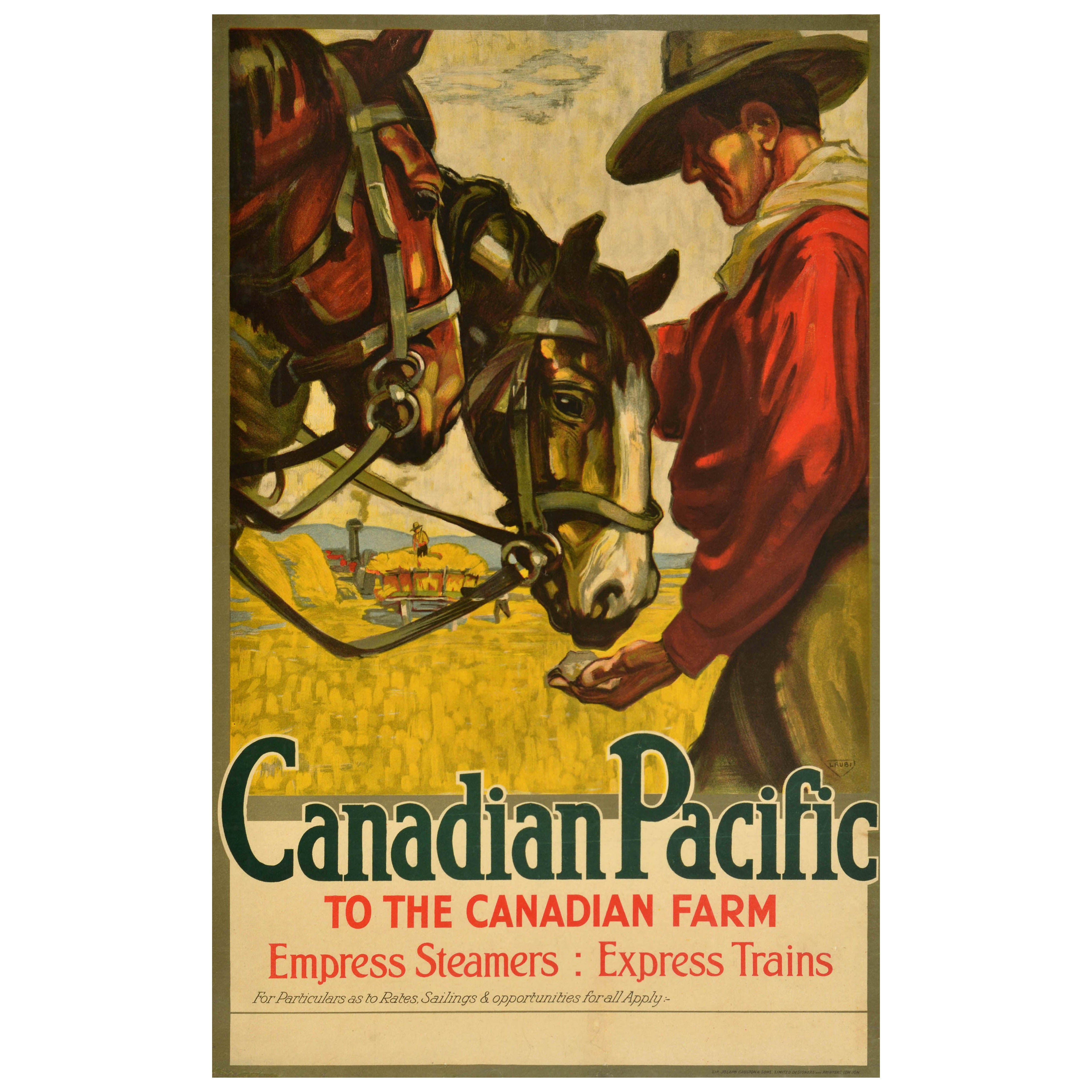 Poster di viaggio originale d'epoca Canadian Pacific per il treno a vapore della fattoria canadese in vendita