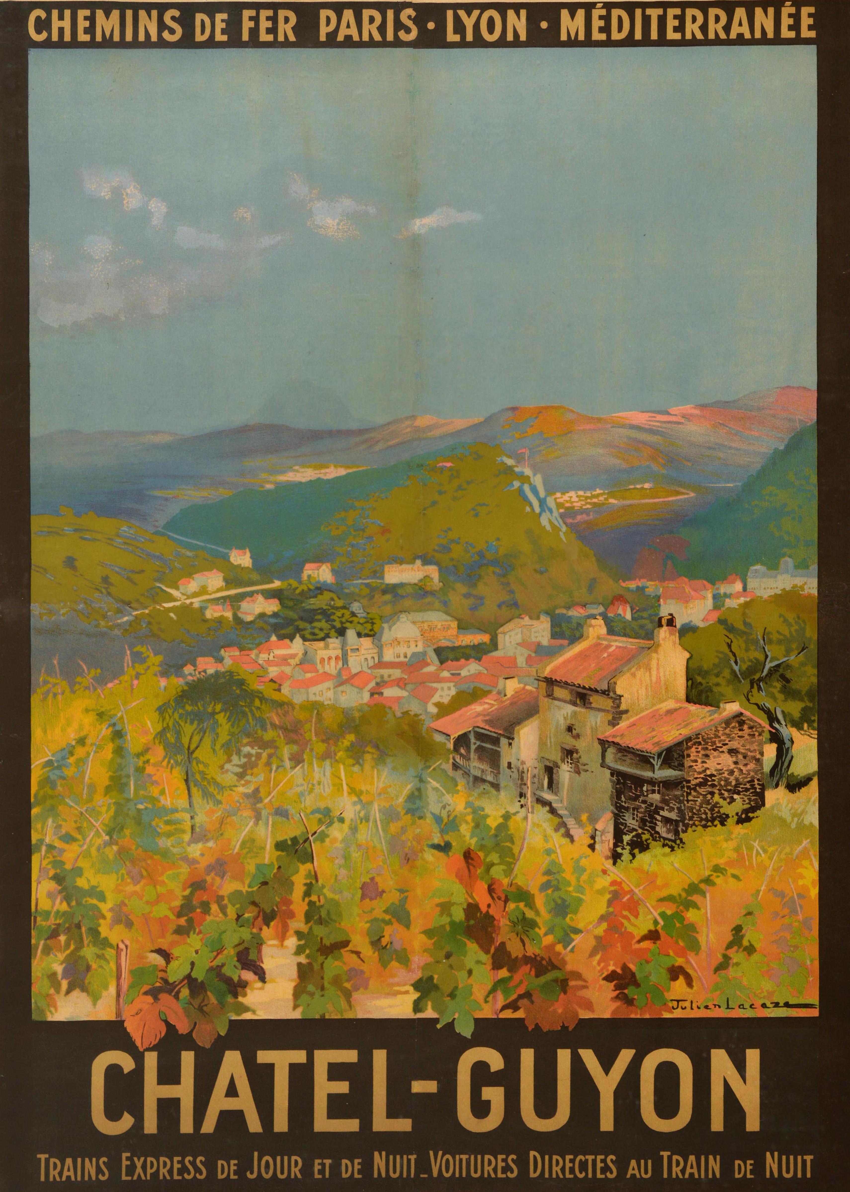 Cartel original antiguo de publicidad de viajes emitido por los ferrocarriles franceses PLM Chemin de Fer Paris Lyon Mediterranee para Chatel Guyon, en la región de Auvernia-Ródano-Alpes, con ilustraciones escénicas de Julien Lacaze (1886-1971) que