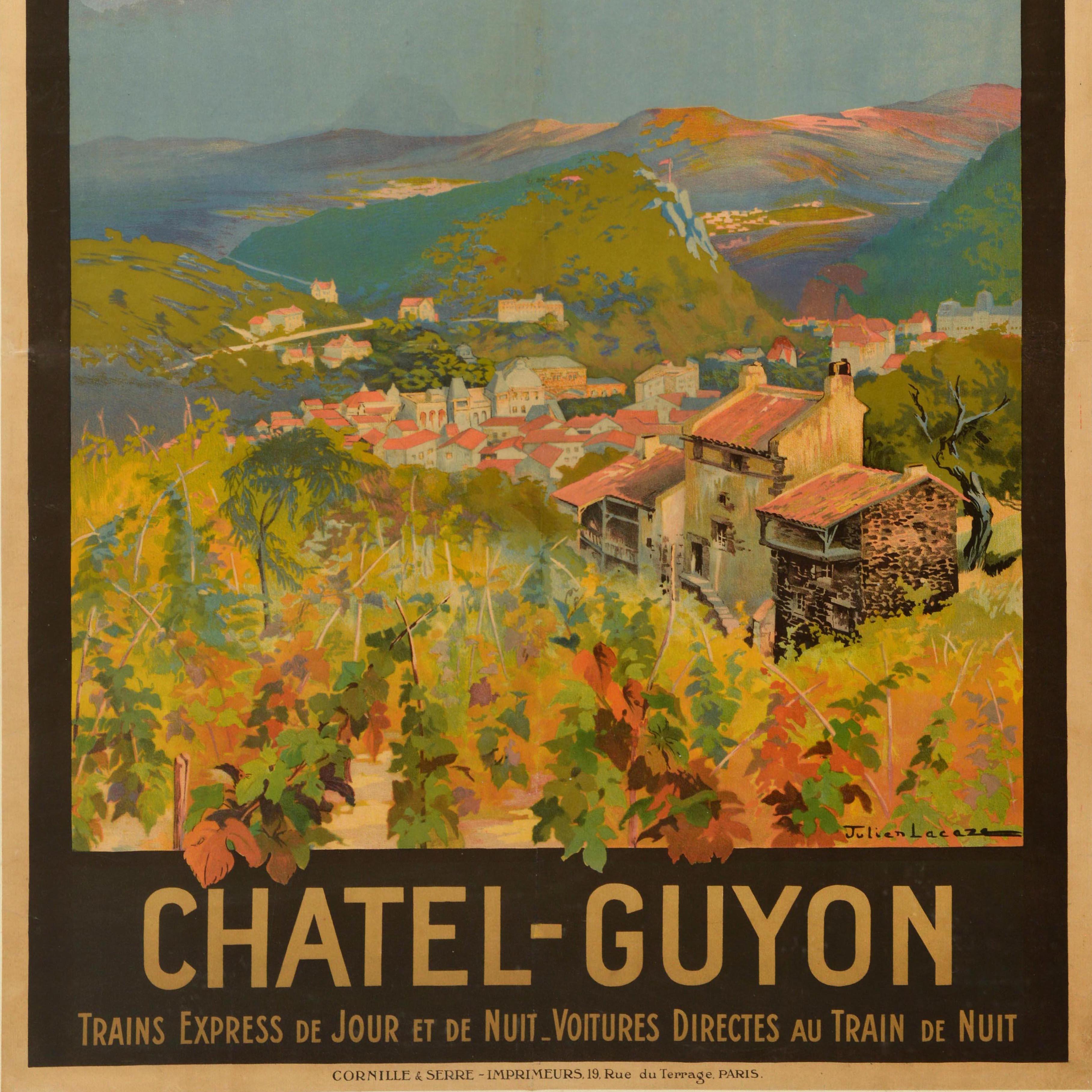 Cartel de viaje original antiguo Chatel Guyon Viñedo PLM Ferrocarril Julien Lacaze en Bueno estado para la venta en London, GB