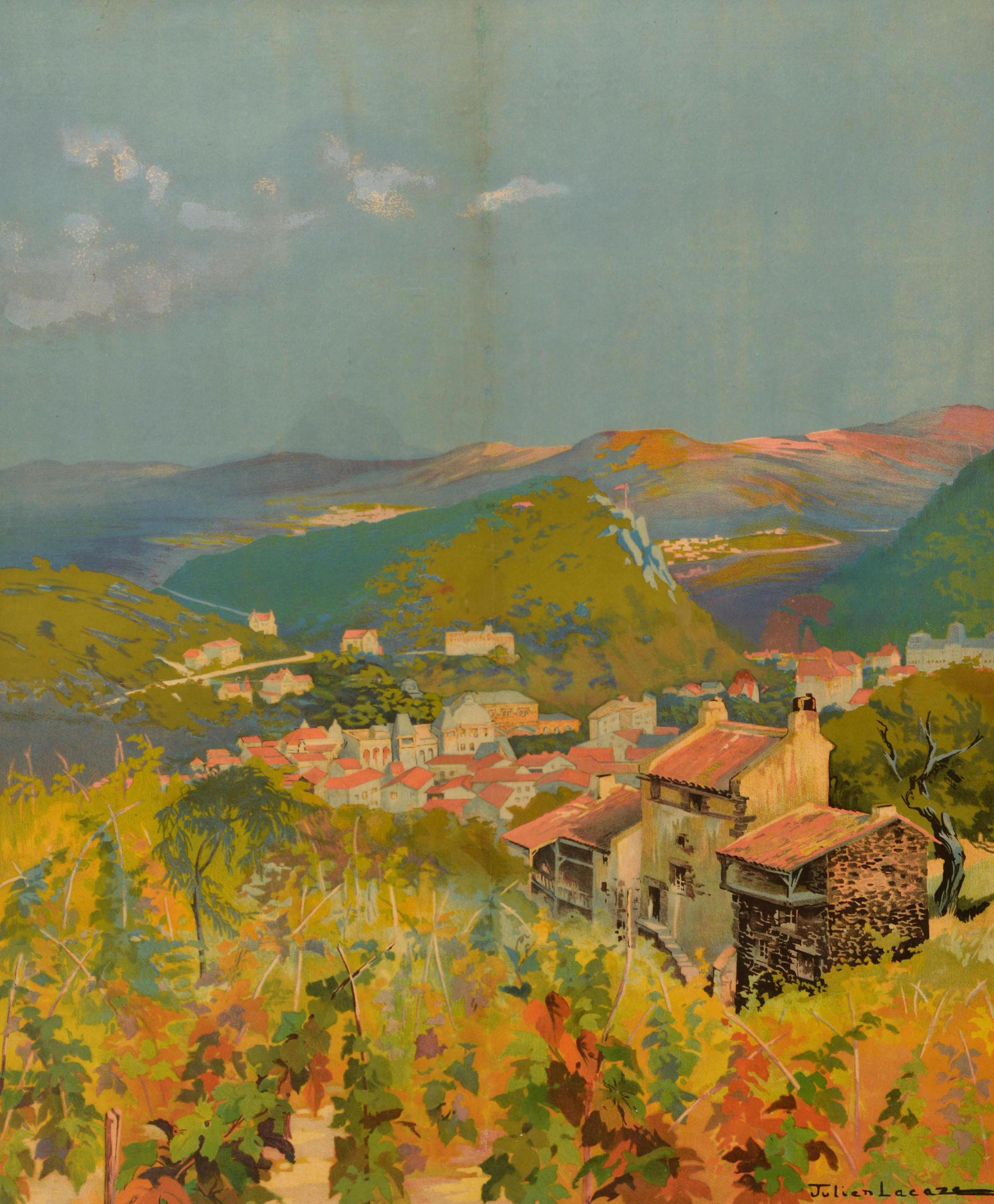 Cartel de viaje original antiguo Chatel Guyon Viñedo PLM Ferrocarril Julien Lacaze principios del siglo XX en venta
