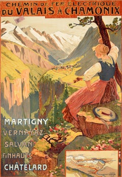 Original Antique Travel Poster Chemin De Fer Electrique Du Valais A Chamonix