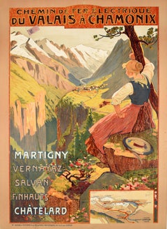 Original Antique Travel Poster Chemin De Fer Electrique Du Valais A Chamonix