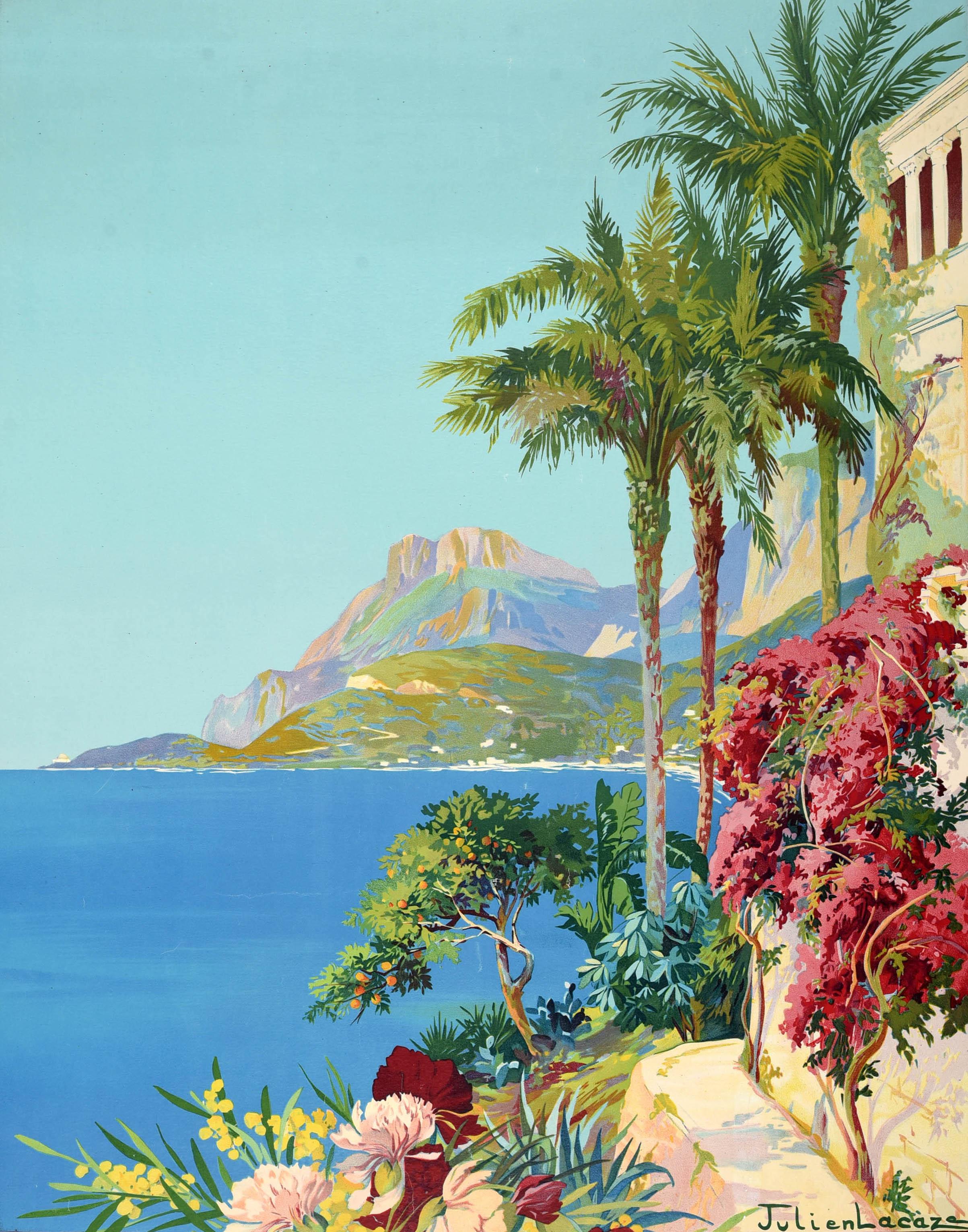 Original antique travel poster for La Cote D'Azur & Le Cap Martin issued by the PLM Paris Lyon Mediterranee Railway featuring a scenic coastal view by the landscape artist Julien Lacaze (1886-1971) depicting the French Riviera with colourful flowers