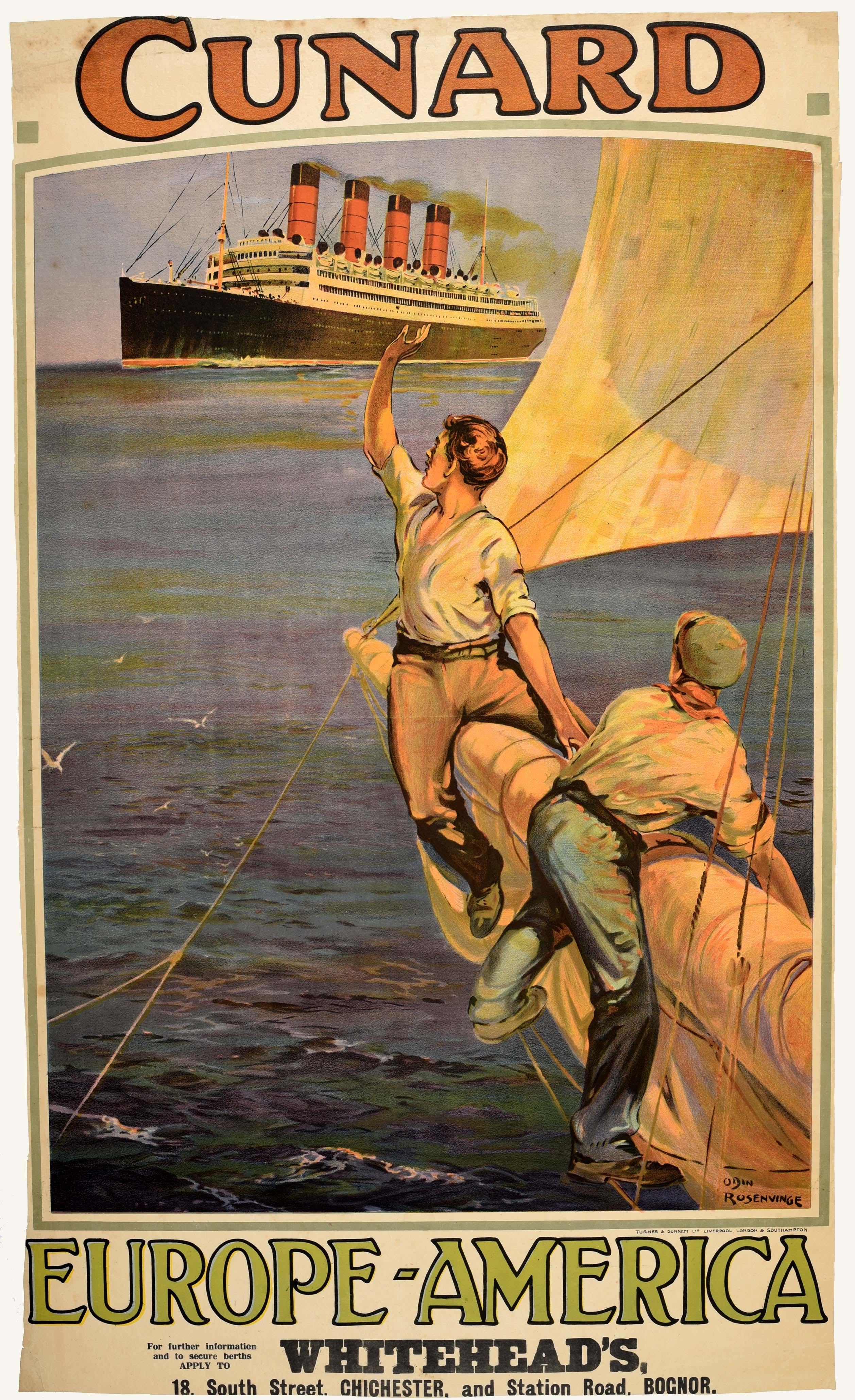 Original antique cruise travel advertising poster for Cunard Line Europe-America featuring a stunning illustration by Odin Rosenvinge (1880-1957) of a four funnel Aquitania Cunard ocean liner sailing at sea with two men watching and waving from the