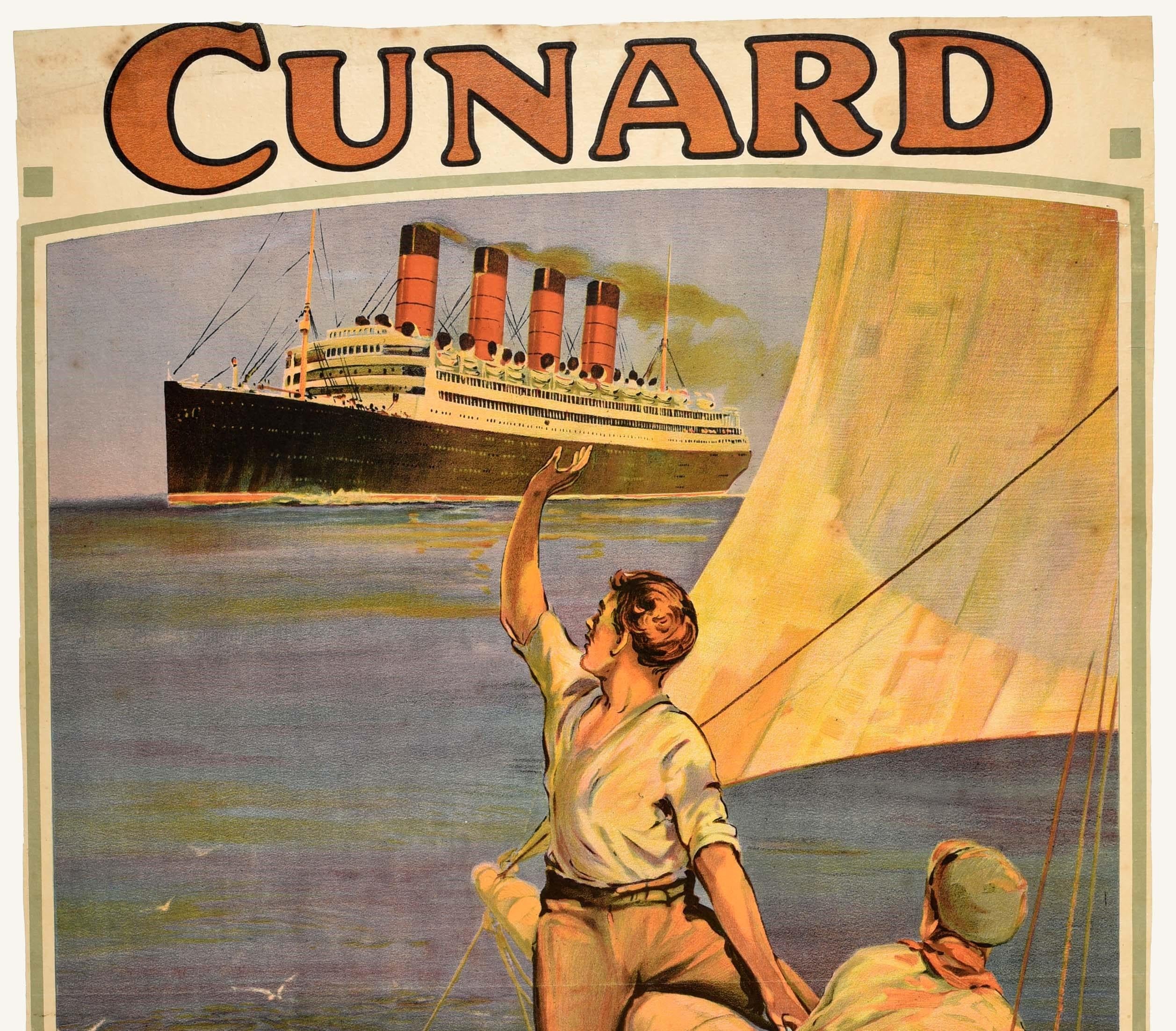 Britannique Affiche de voyage originale et ancienne Cunard Europe Amérique Aquitania Voilier de ligne en vente