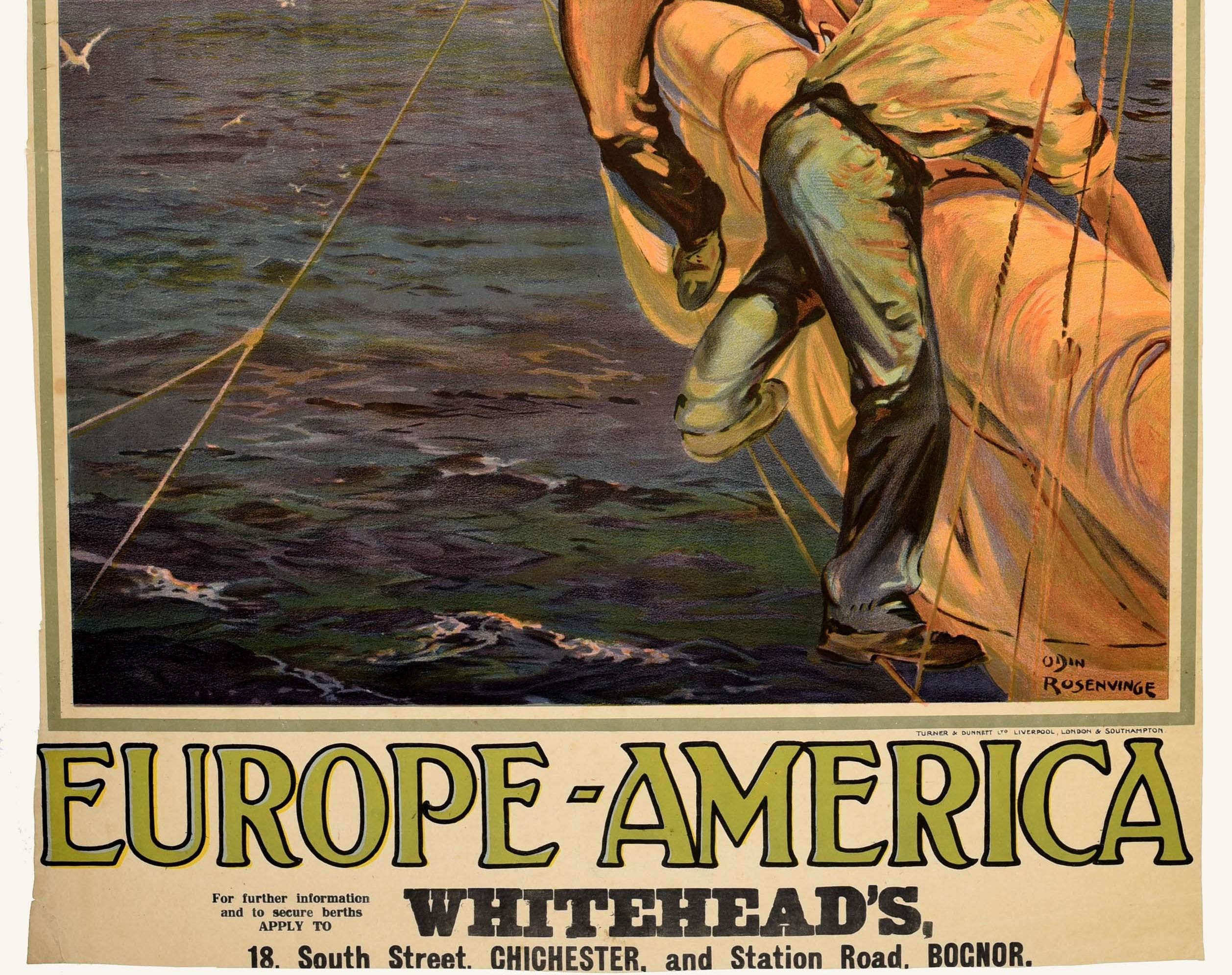 Affiche de voyage originale et ancienne Cunard Europe Amérique Aquitania Voilier de ligne Abîmé - En vente à London, GB
