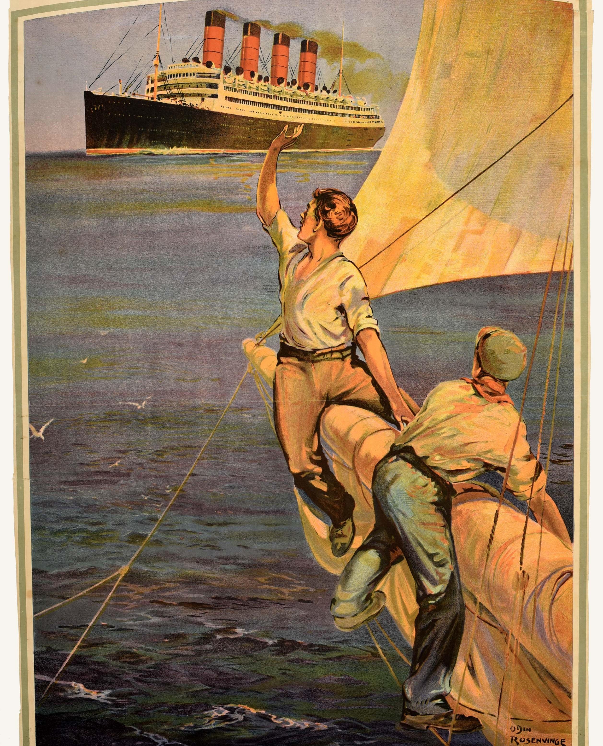 Original Antique Travel Poster Cunard Europe America Aquitania Ocean Liner Ship In Distressed Condition For Sale In London, GB