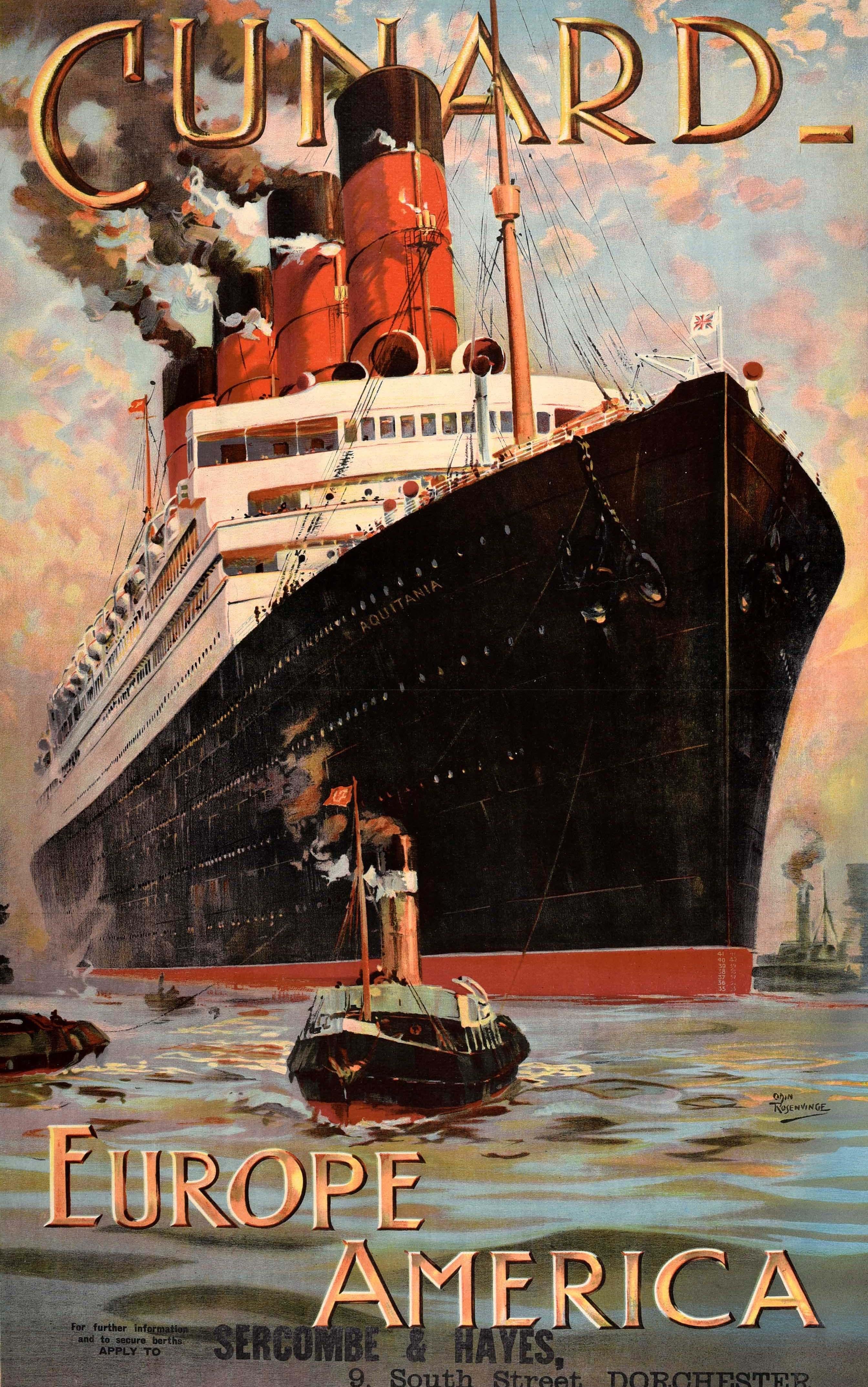 Affiche originale ancienne de la Cunard pour son itinéraire de croisière transatlantique Europe-Amérique, comportant une superbe illustration d'Odin Rosenvinge (1880-1957) représentant le paquebot à quatre tunnels RMS Aquitania (1914-1950) naviguant