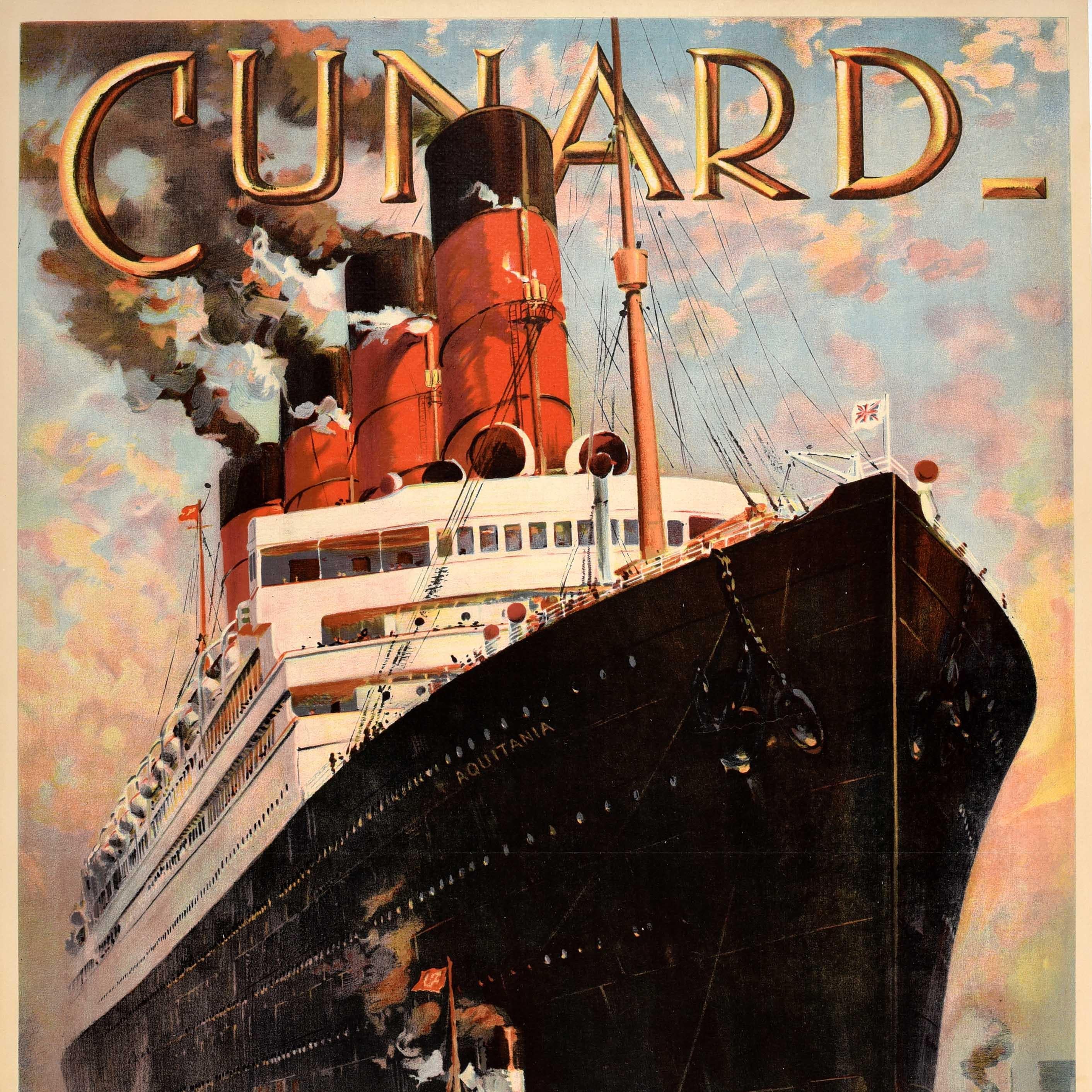 British Original Antique Travel Poster Cunard Europe America Aquitania Rosenvinge Cruise For Sale