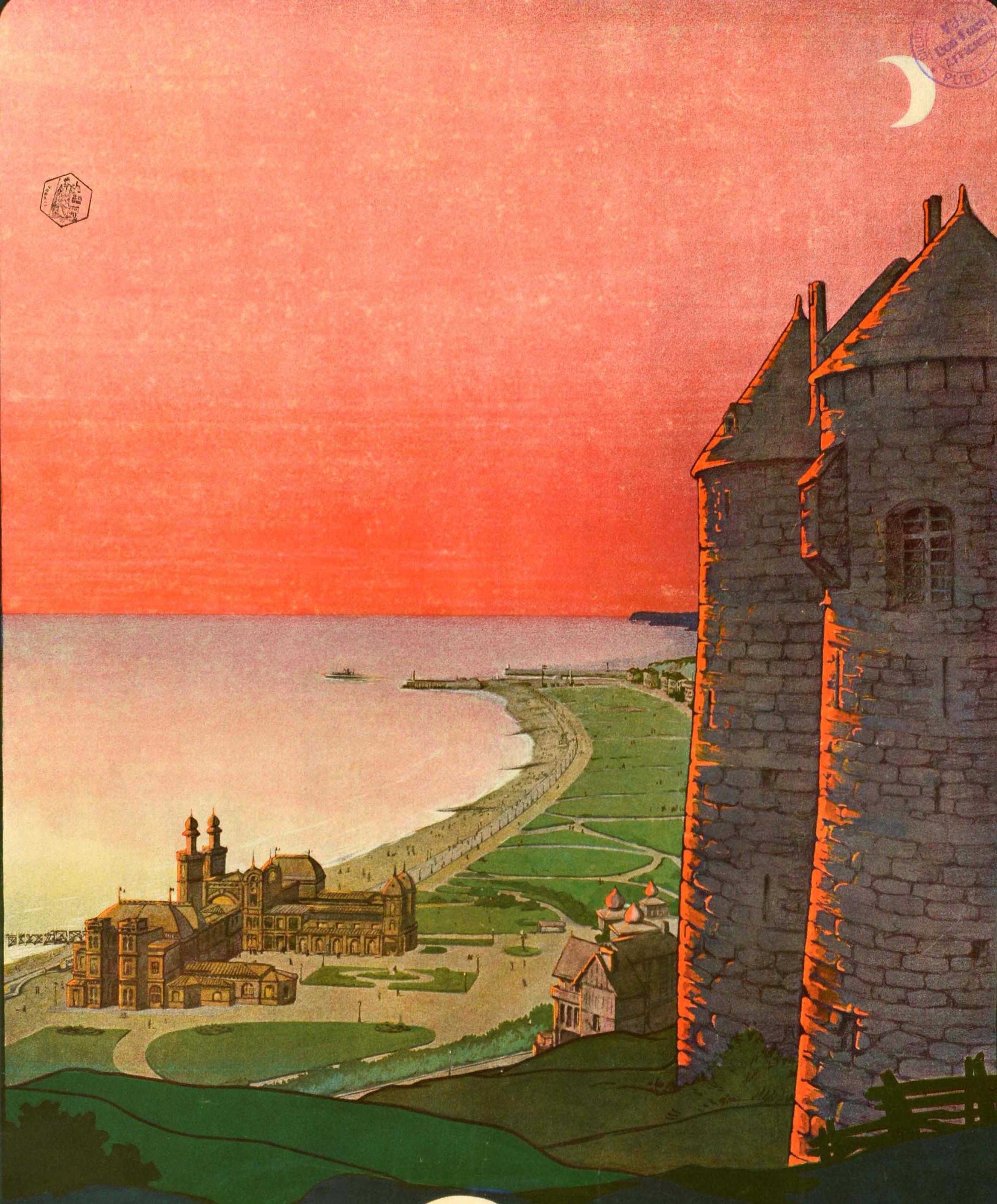 Affiche de voyage originale pour Dieppe, réalisée par Georges Dorival (1879-1968), représentant une vue panoramique de la ville avec ses parcs et ses plages sur la côte normande depuis le château historique de Dieppe, la lueur du coucher de soleil