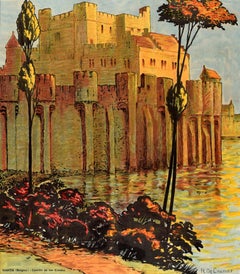 Affiche de voyage originale et ancienne Ghent East Flanders, Belgique, Dessin des chemins de fer