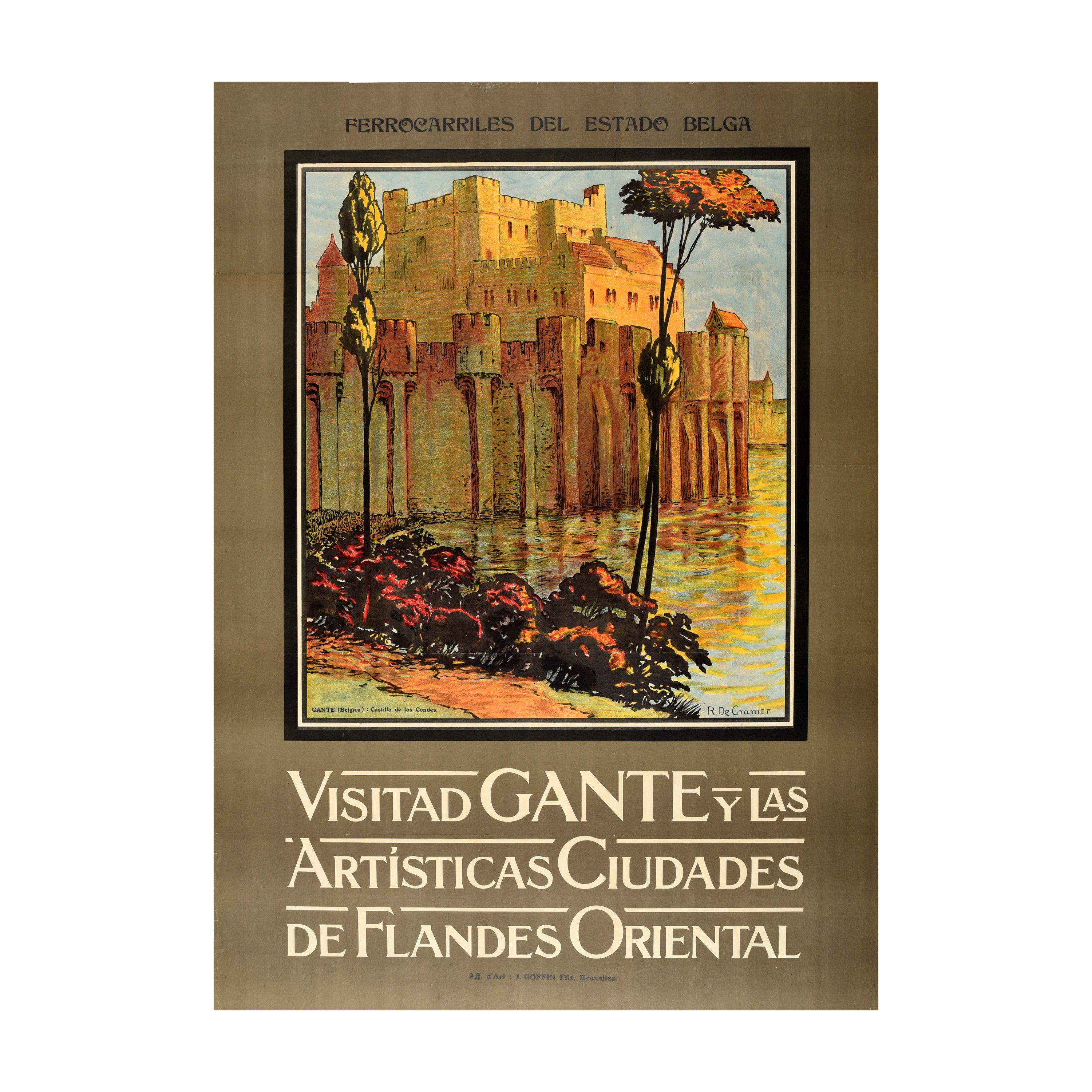Affiche de voyage originale et ancienne Ghent East Flanders, Belgique, Dessin des chemins de fer