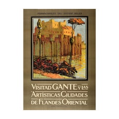 Affiche de voyage originale et ancienne Ghent East Flanders, Belgique, Dessin des chemins de fer