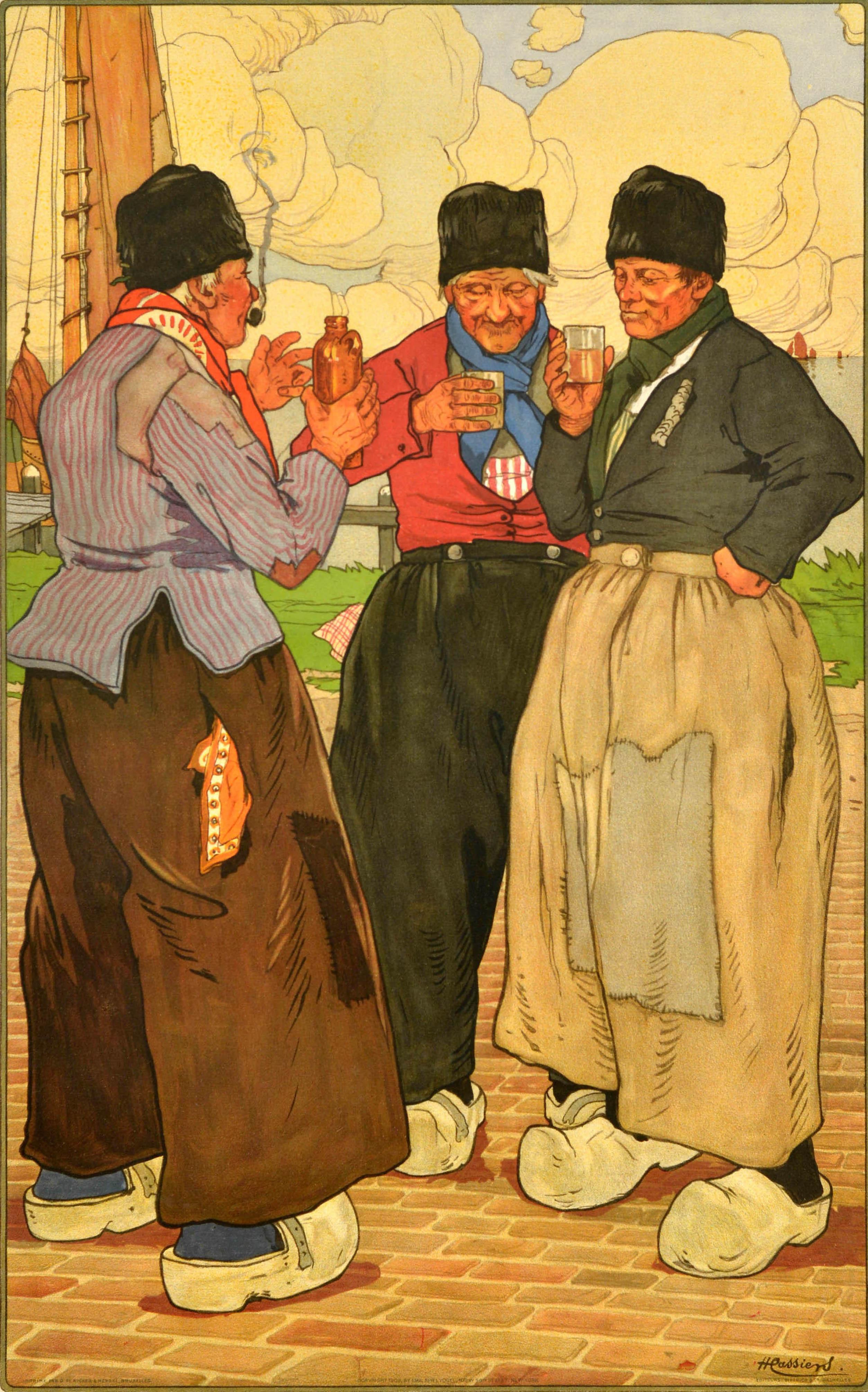 Original antique travel poster for Belgium featuring an illustration by Henri Cassiers (1858-1944) depicting three fishermen standing together in traditional clog shoes enjoying a drink on cobblestones, one smoking a pipe and holding a stoneware