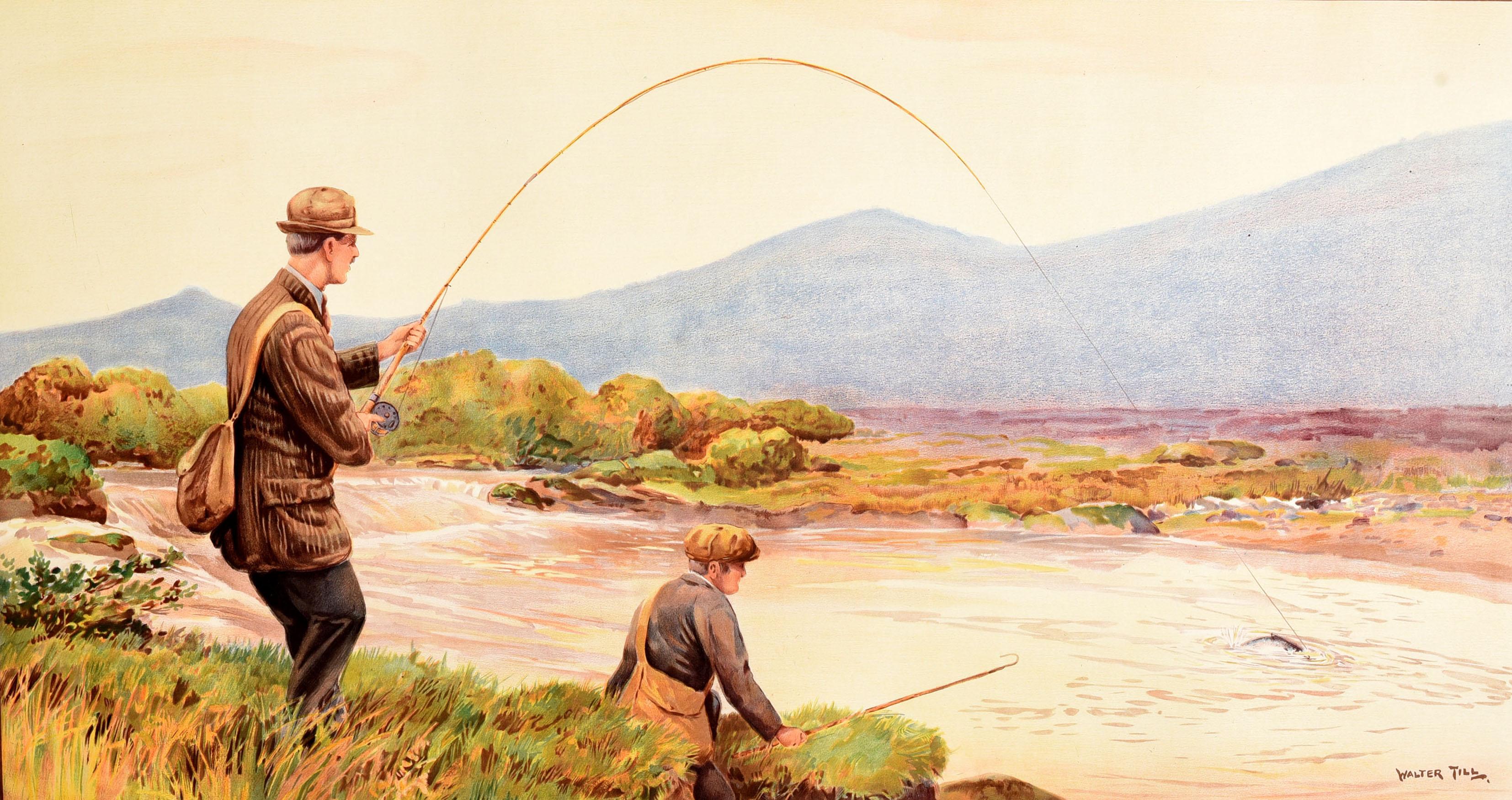 Original antique travel poster issued by Great Southern Railways - Ireland The Fisherman's Paradise - featuring artwork by Walter Till (1880-1930) depicting a scenic view of two men wearing flat caps and carrying bags over the shoulders by the fast