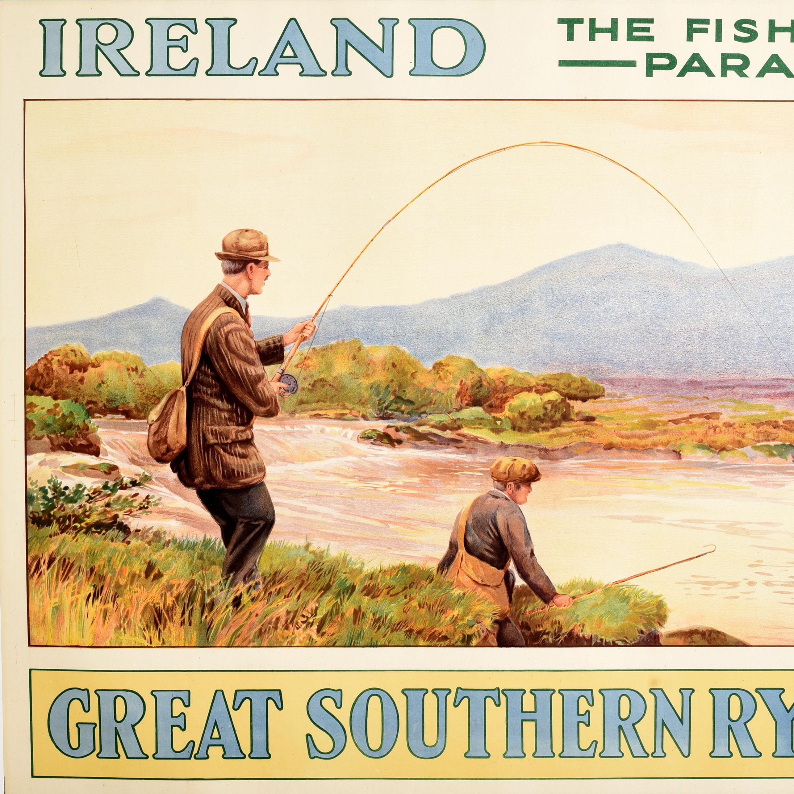 Irish Original Antique Travel Poster Ireland Great Southern Railway Rys Fisherman For Sale
