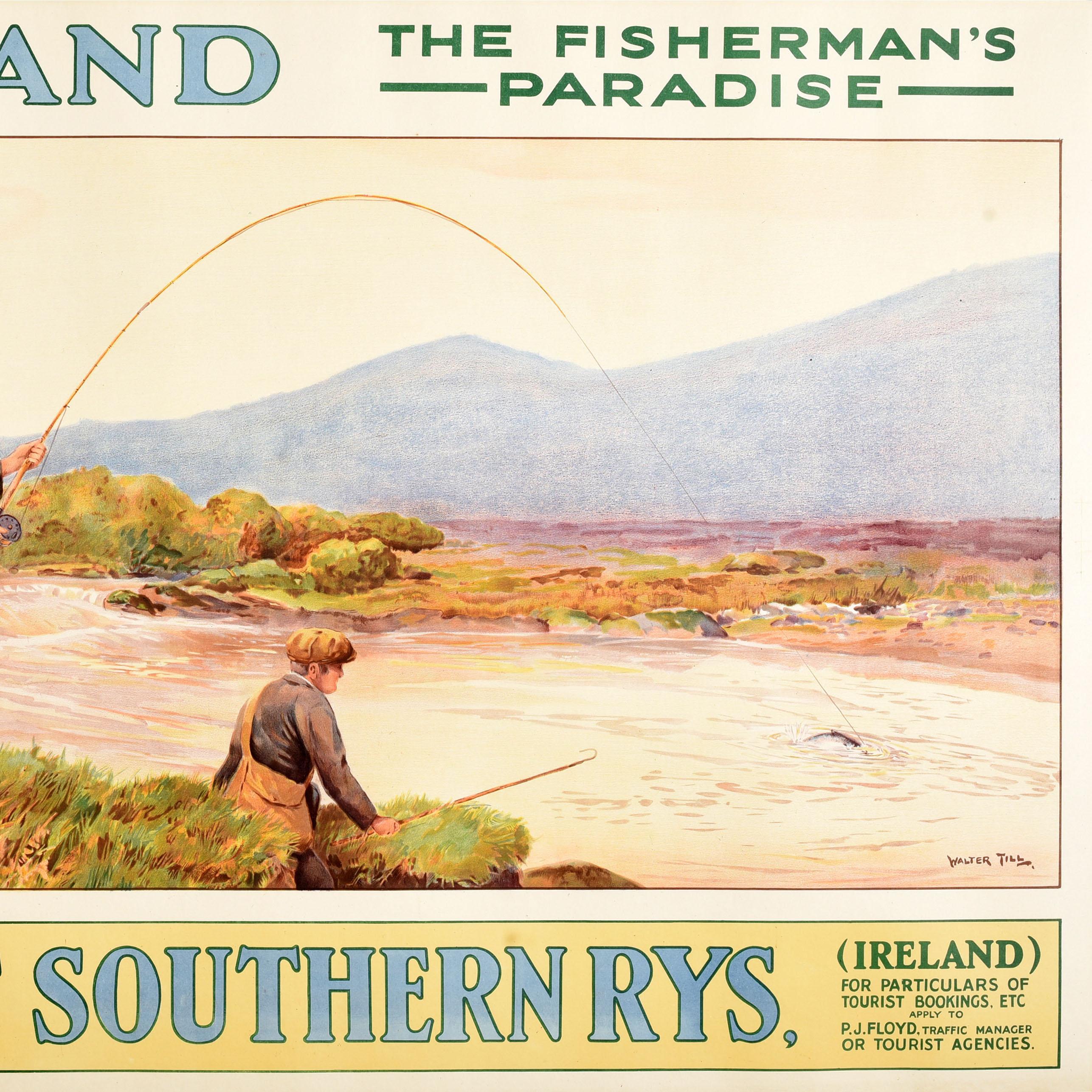 Original Antique Travel Poster Ireland Great Southern Railway Rys Fisherman In Good Condition For Sale In London, GB