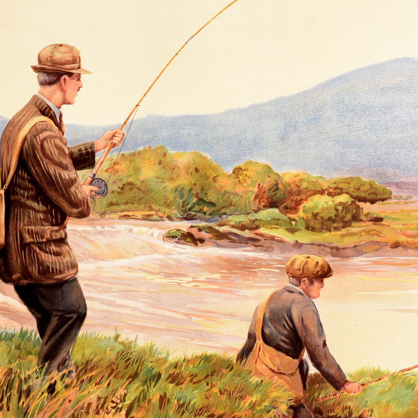 Early 20th Century Original Antique Travel Poster Ireland Great Southern Railway Rys Fisherman For Sale