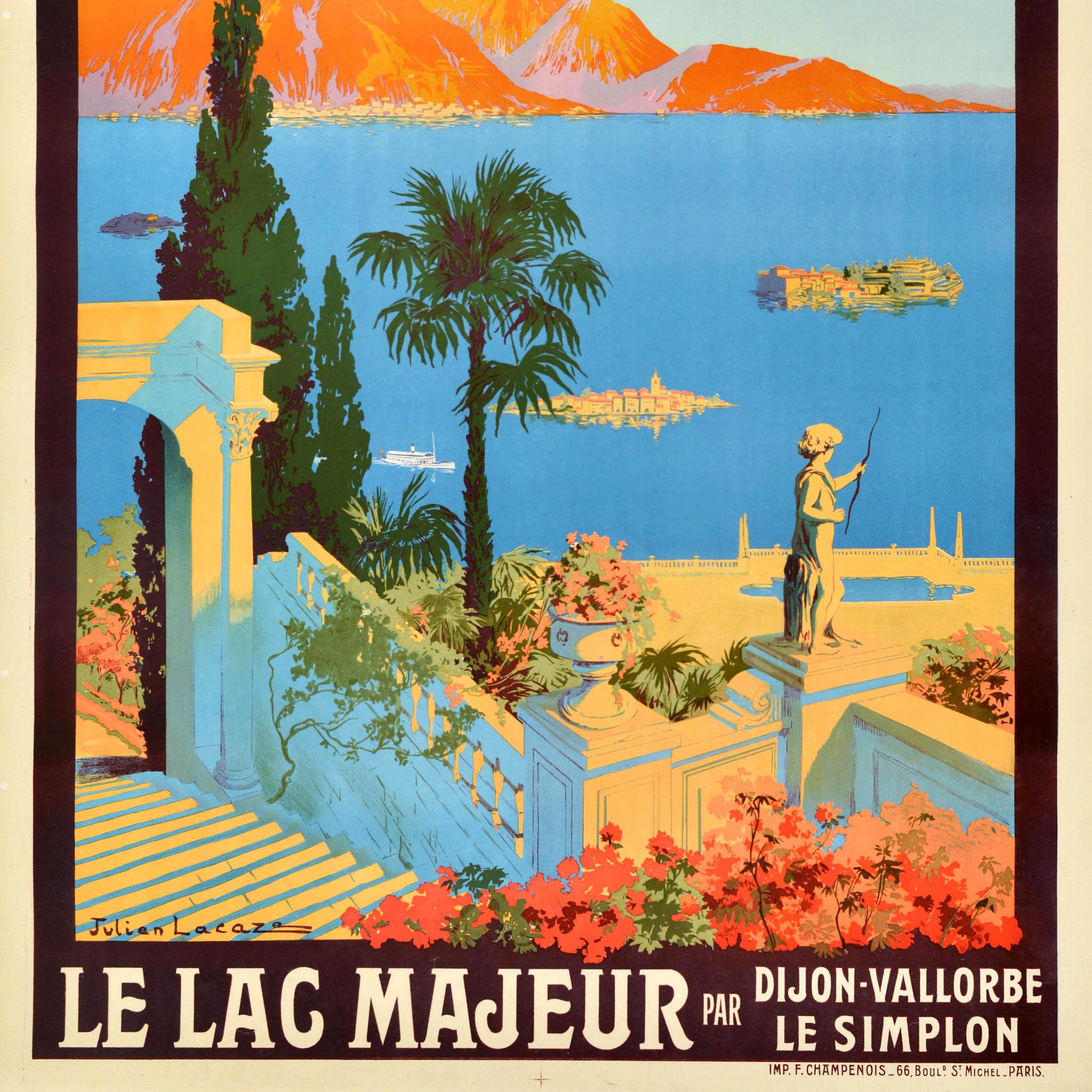 Original Antique Travel Poster Le Lac Majeur Dijon Vallorbe Le Simplon PLM Rail In Good Condition For Sale In London, GB