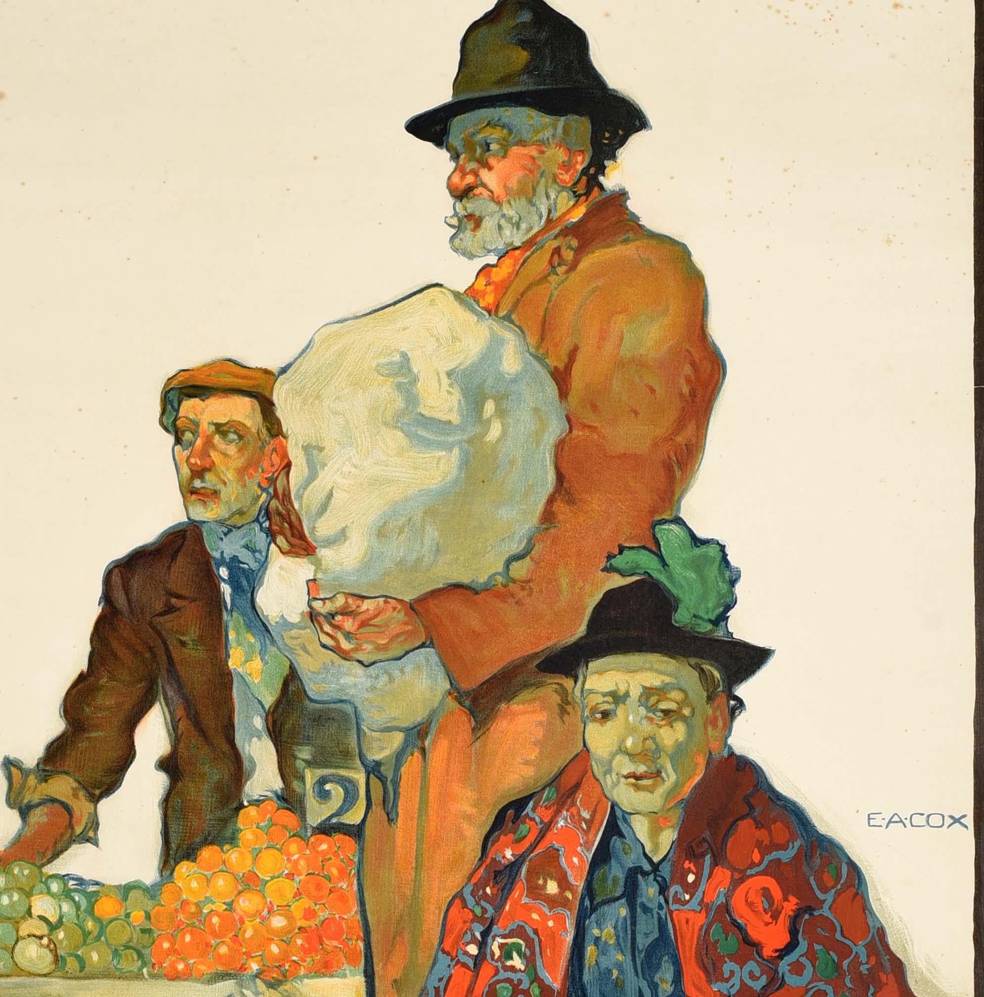 Original antique travel poster for Watford featuring a great illustration of market sellers by the British painter and graphic artist Elijah Albert Cox (1876-1955) depicting a man standing between a greengrocer behind his fruit stand and a flower