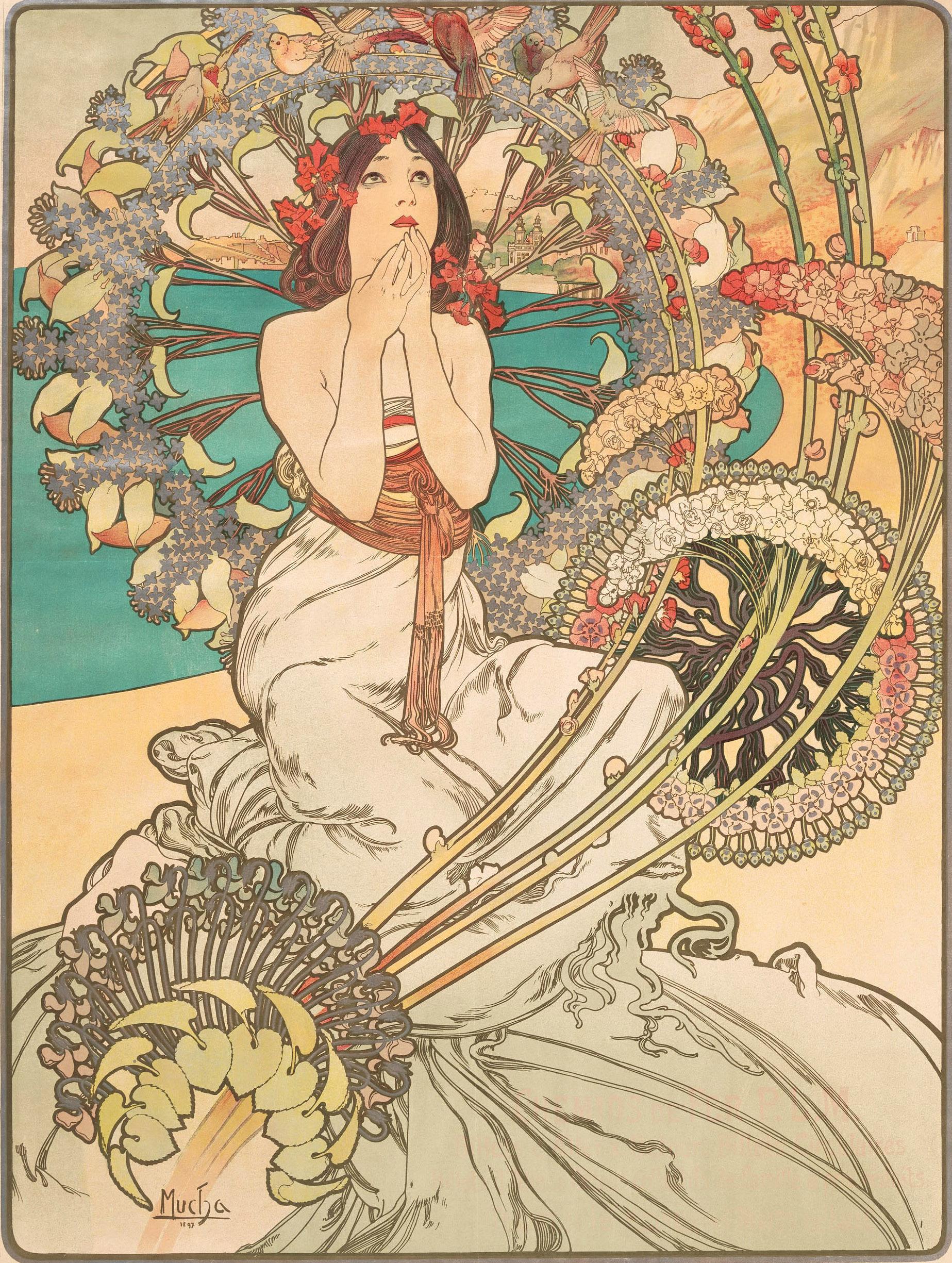 Cartel de viaje antiguo original para Mónaco y Montecarlo, obra del notable ilustrador, artista gráfico y pintor checo Alphonse Mucha (Alfons Maria Mucha; 1860-1939), con un impresionante diseño floral Art Nouveau que representa a una dama con el