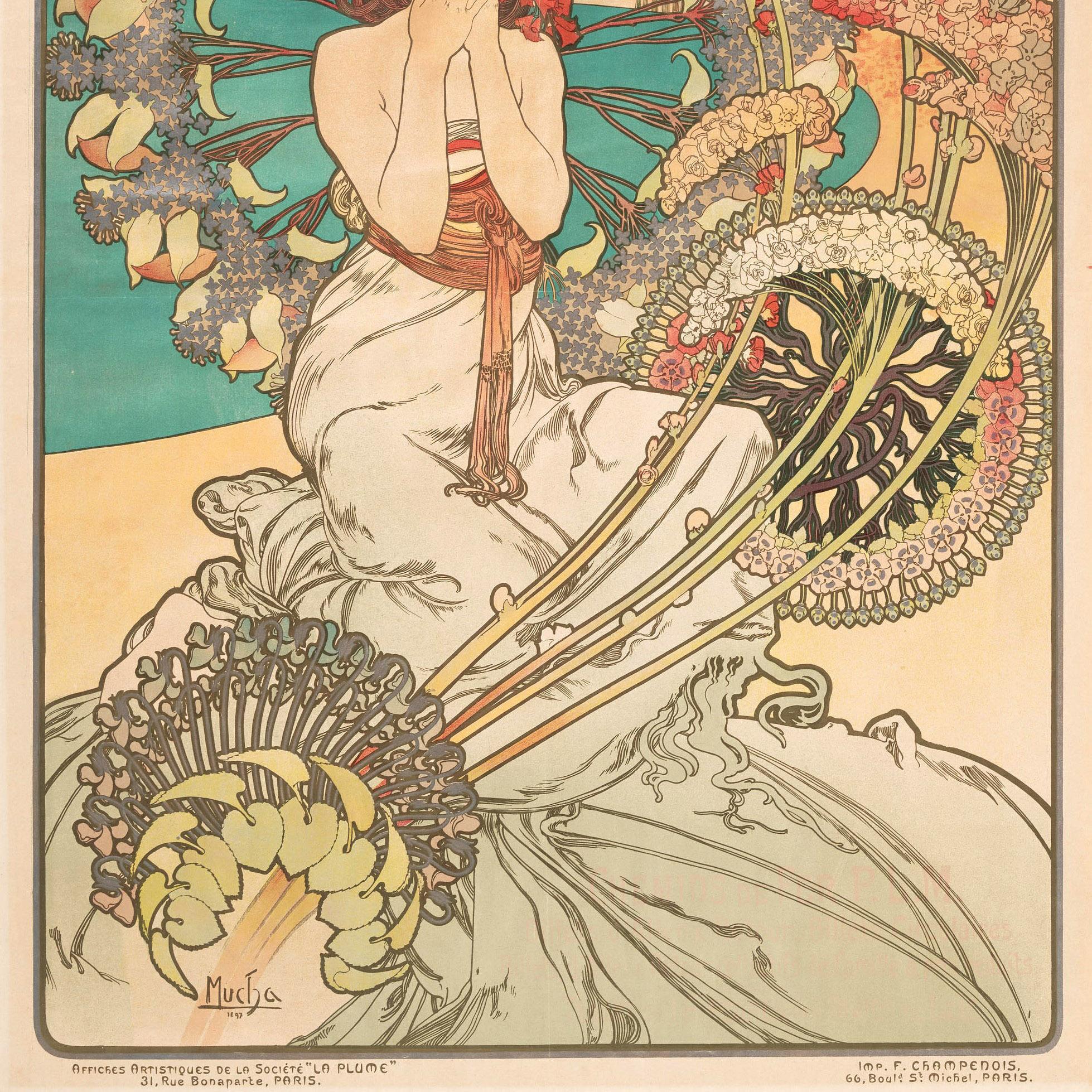Cartel de viaje original antiguo Mónaco Montecarlo Alphonse Mucha Art Nouveau en Bueno estado para la venta en London, GB