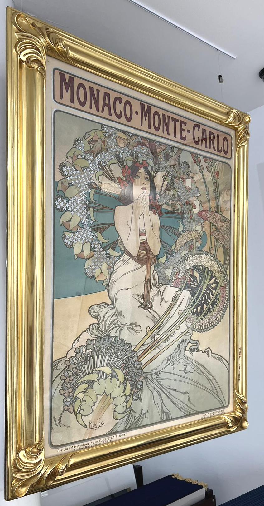 Cartel de viaje original antiguo Mónaco Montecarlo Alphonse Mucha Art Nouveau Fines del siglo XIX en venta