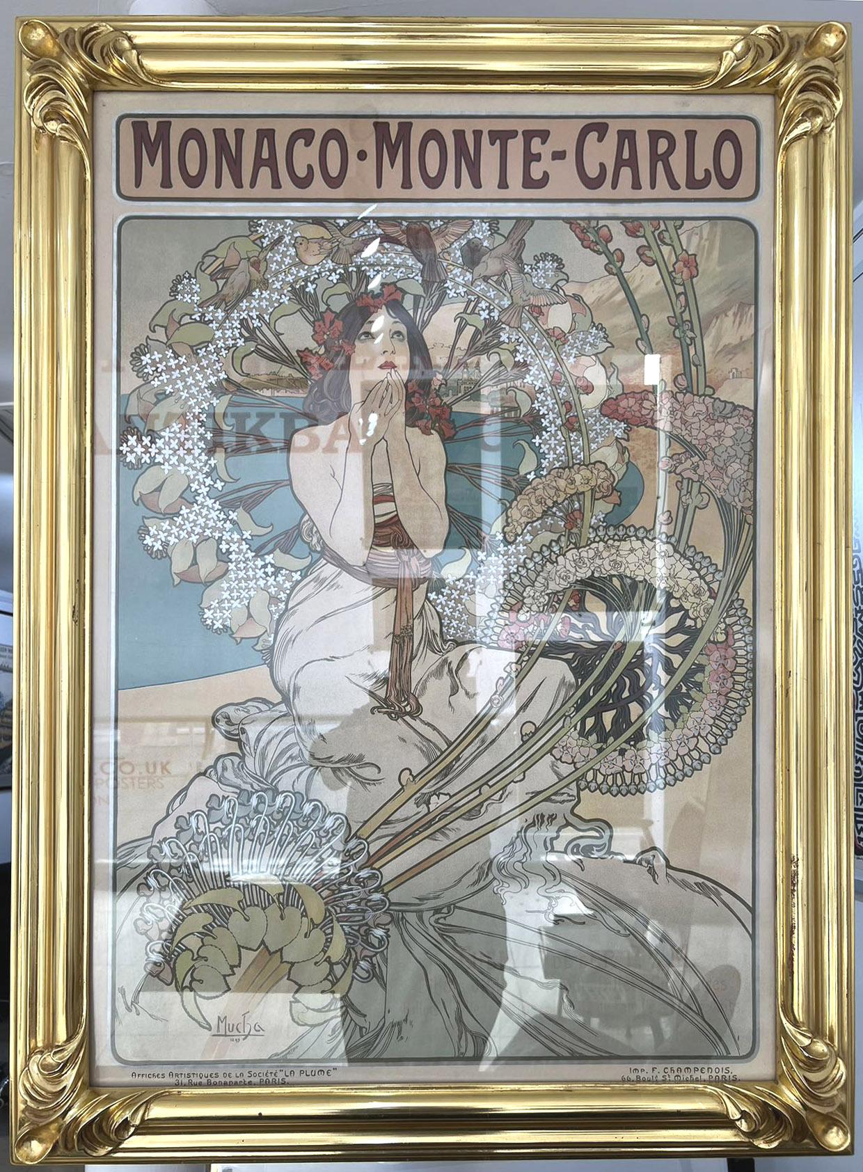 Cartel de viaje original antiguo Mónaco Montecarlo Alphonse Mucha Art Nouveau Papel en venta