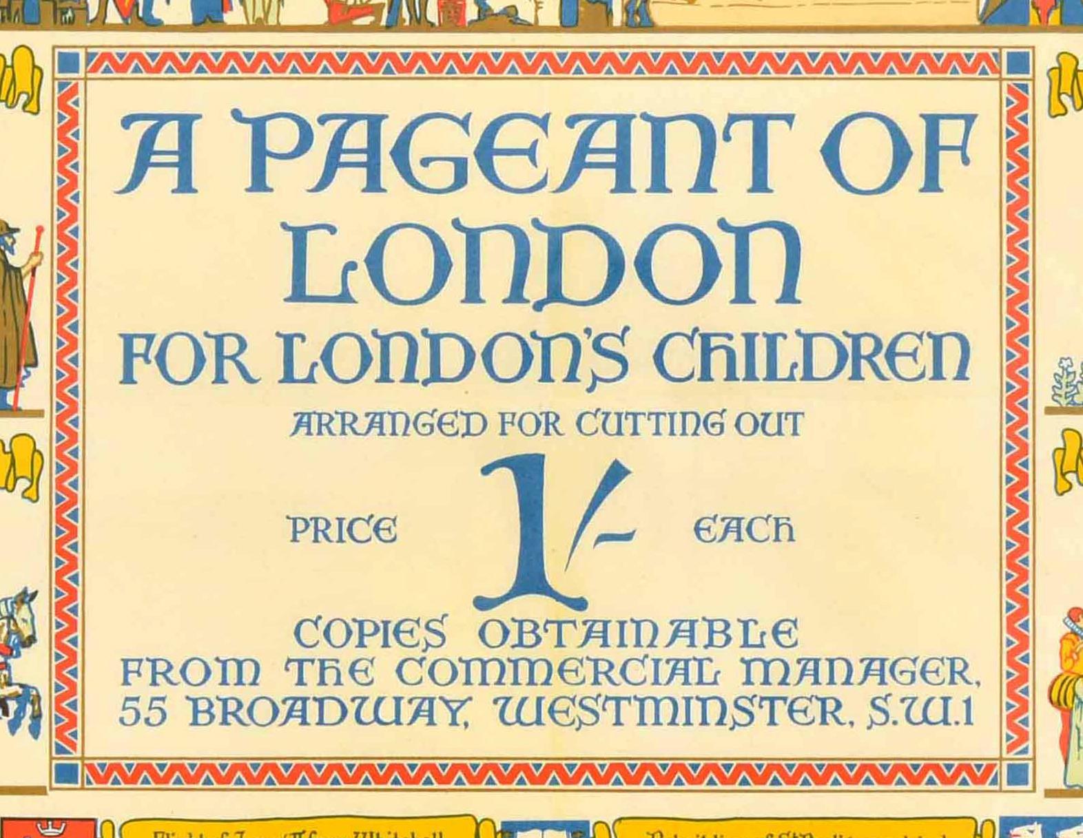Original antikes Londoner U-Bahn-Reiseplakat - A Pageant of London for London's Children - mit atemberaubendem Kunstwerk des britischen Malers Elijah Albert Cox (1876-1955), das Illustrationen historischer Ereignisse und bemerkenswerter Personen von
