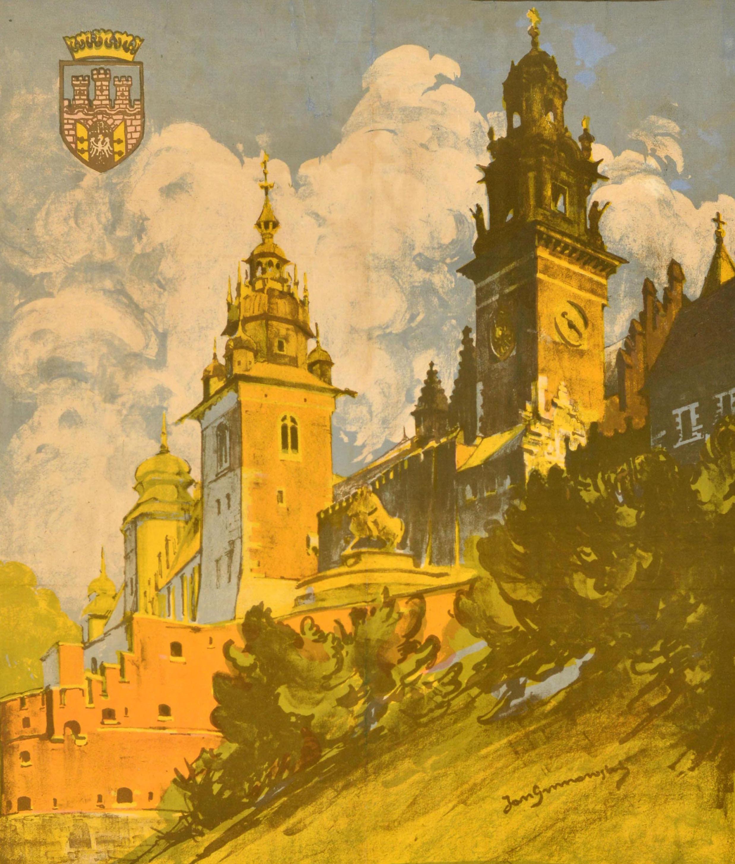 Originales antikes Reiseplakat für Krakau / Krakow in Polen mit einer Abbildung des historischen Königsschlosses Wawel aus dem 14. Jahrhundert in der mittelalterlichen Altstadt (seit 1978 UNESCO-Weltkulturerbe) mit dem unten stehenden Text in