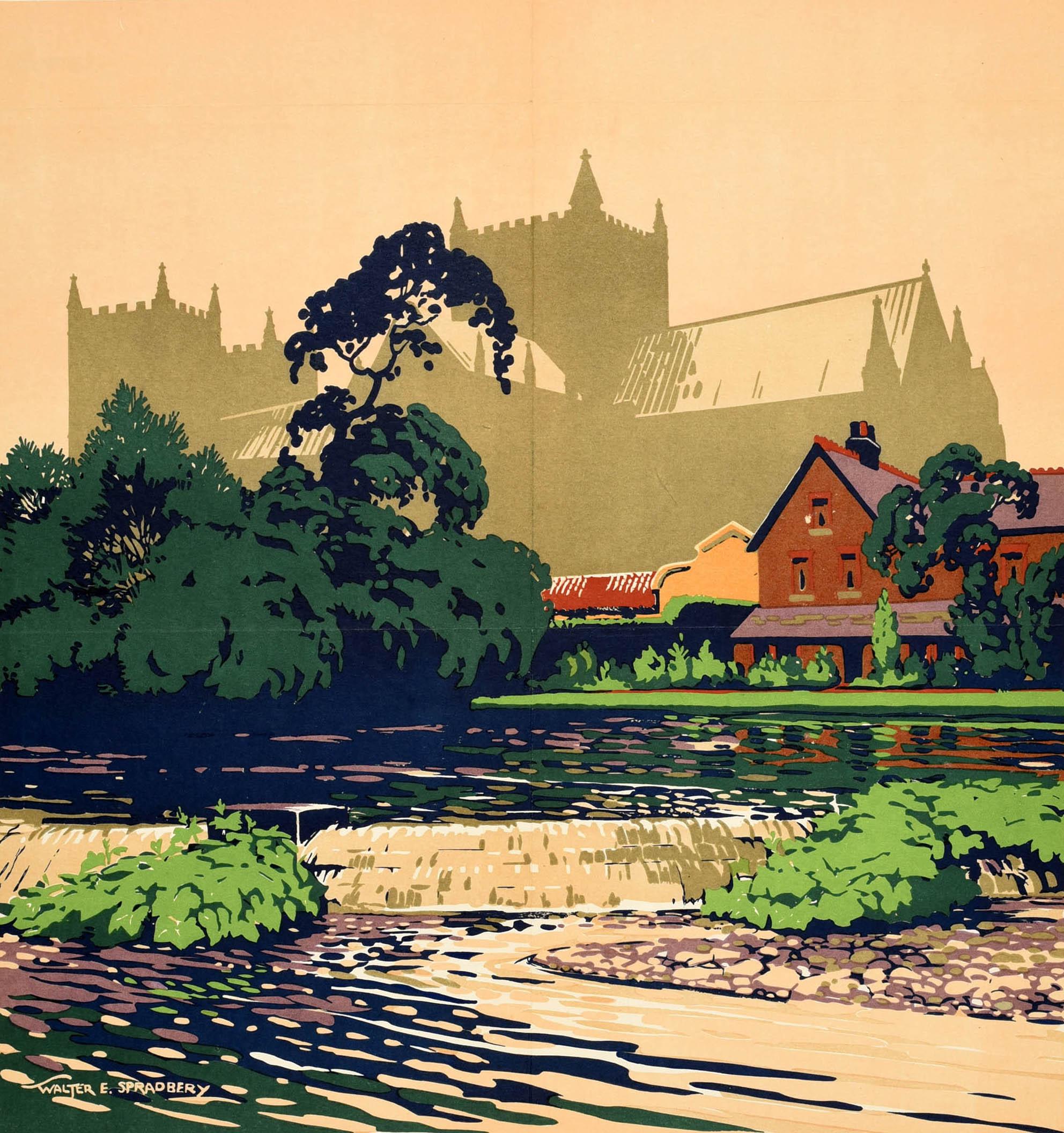 Original antique travel poster for Ripon issued by the London & North Eastern Railway LNER featuring colourful artwork by Walter E. Spradbery (1889-1969) depicting a tree lined river flowing over rocks with Ripon Cathedral visible in the background,