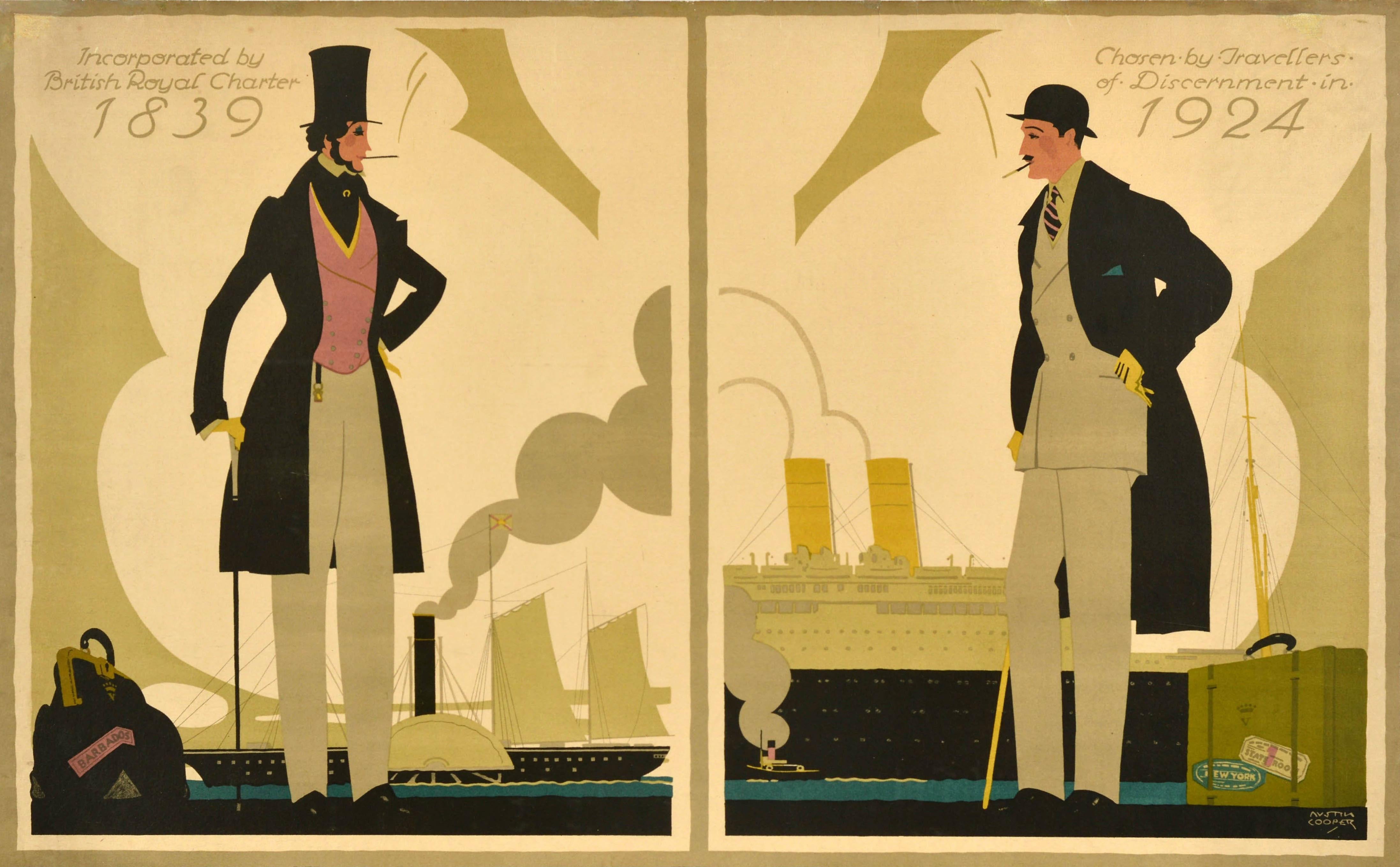 Originales antikes Kreuzfahrt-Werbeplakat für The Royal Mail Steam Packet Company - The Royal Mail Line Die Komfortroute nach New York &New Südamerika 85 Jahre Schifffahrtserfahrung - mit einem atemberaubenden Design des bekannten Illustrators und