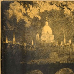 Original Antique Travel Poster St Paul's Cathedral River Thames London Skyline