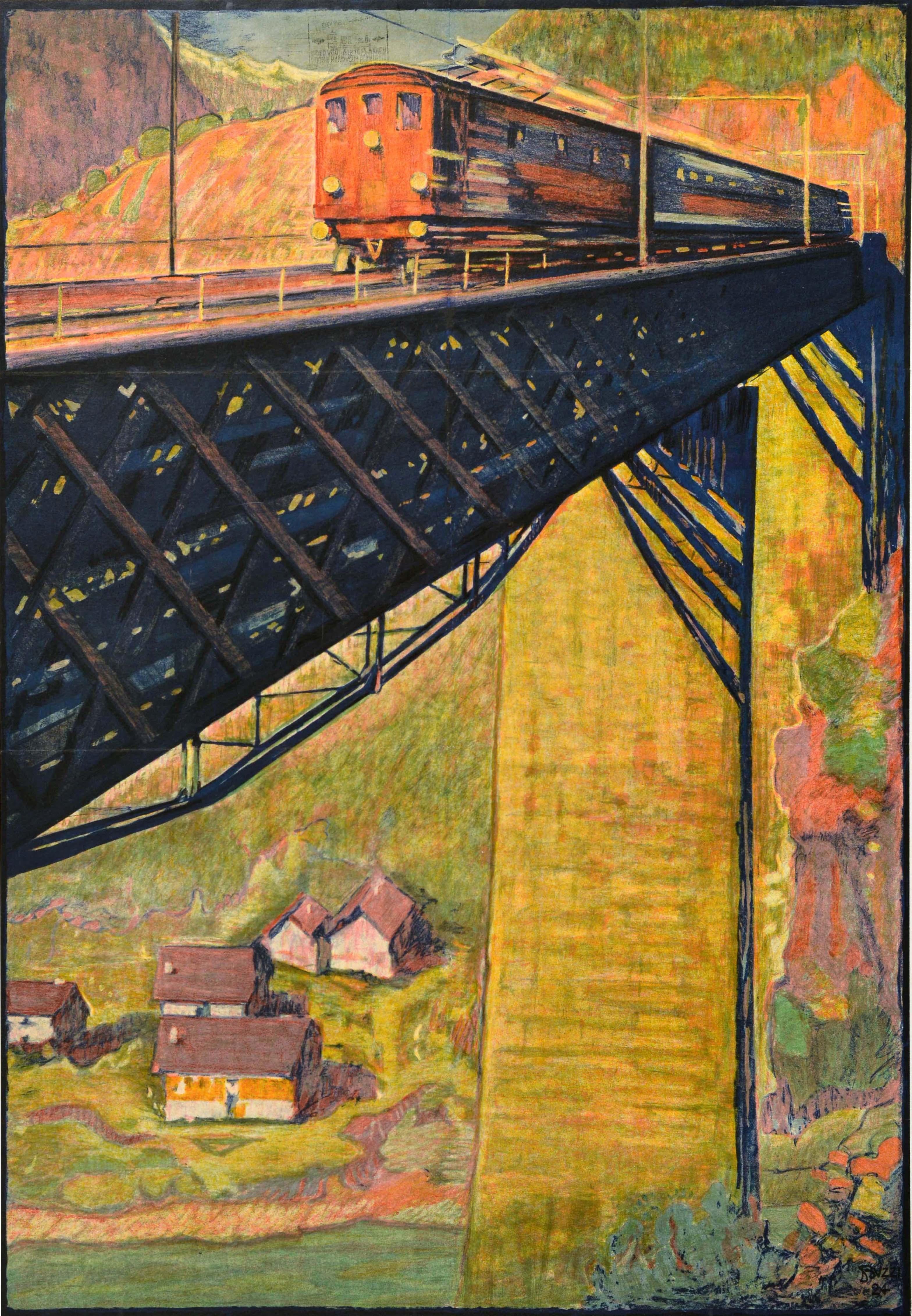 Original antique travel advertising poster - Switzerland The St. Gothard Electric Railway / Suisse Ligne Electrifiee Du Gothard - featuring scenic artwork by Daniele Buzzi (b. 1890) depicting a train travelling at speed crossing a railway bridge
