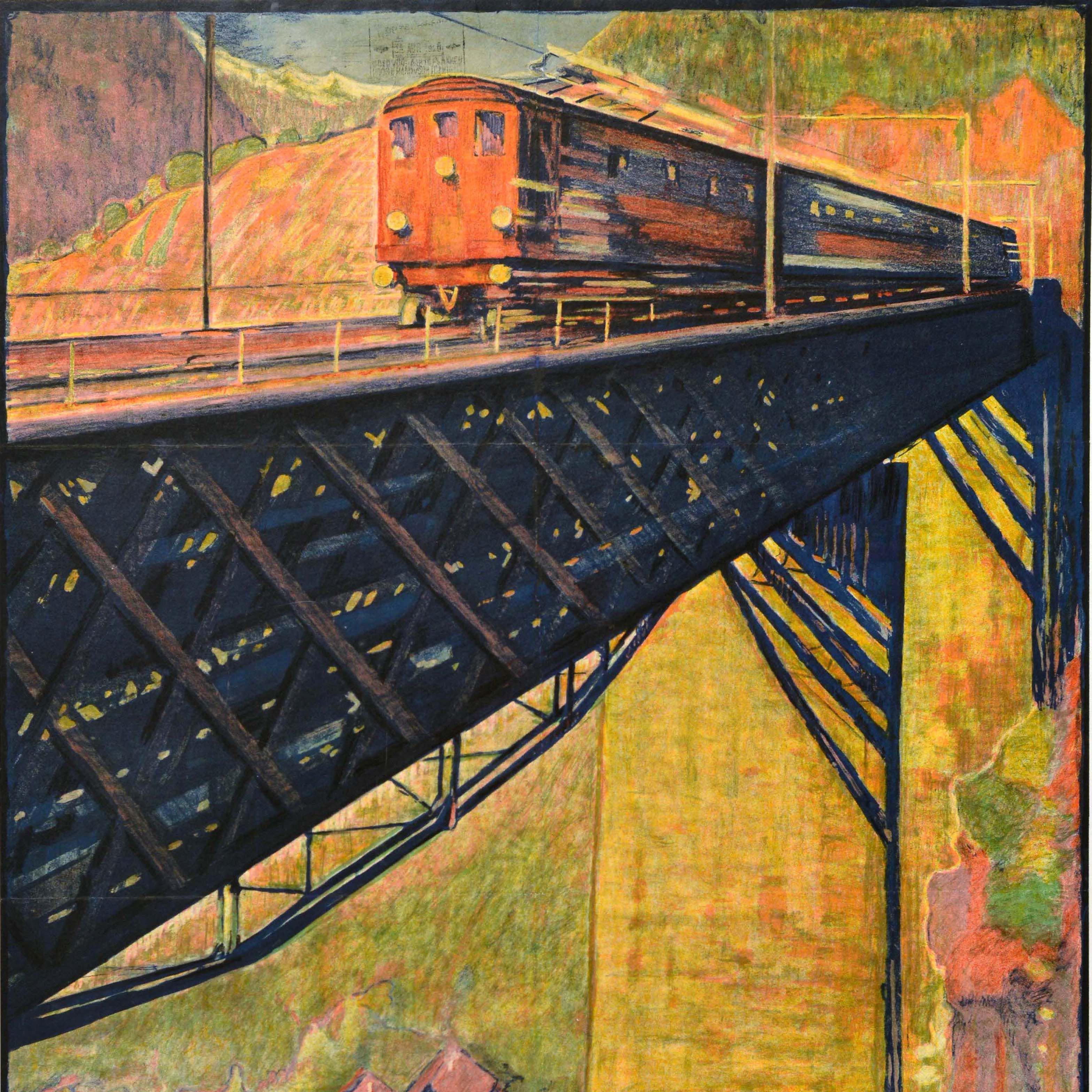 Swiss Original Antique Travel Poster Suisse Ligne Electrifiee Du Gothard Electric Rail For Sale