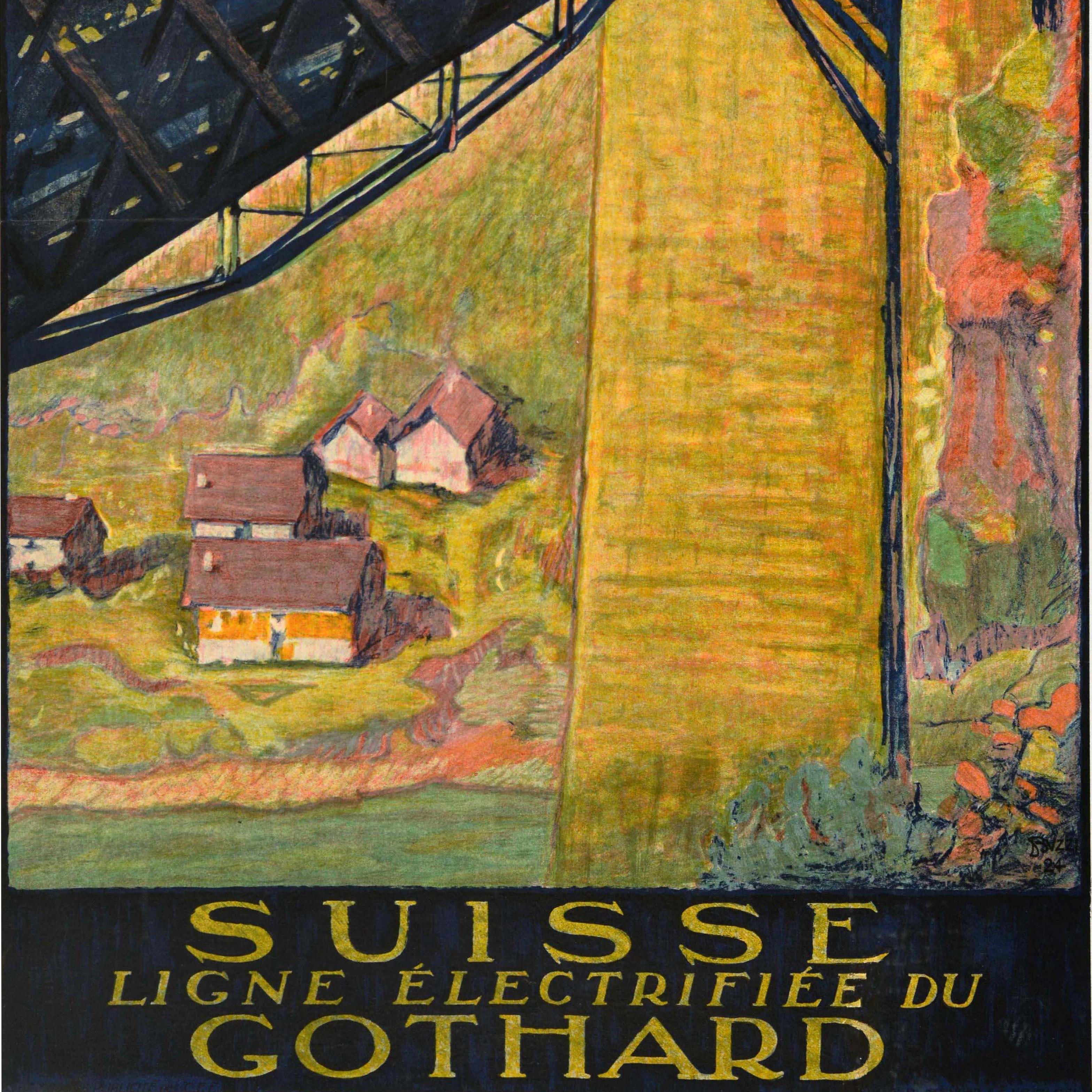 Original Antique Travel Poster Suisse Ligne Electrifiee Du Gothard Electric Rail In Good Condition For Sale In London, GB