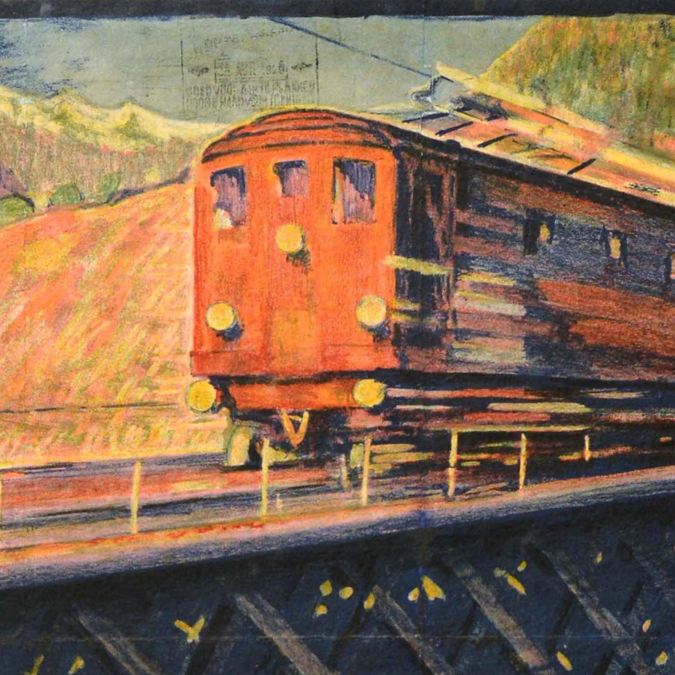 Early 20th Century Original Antique Travel Poster Suisse Ligne Electrifiee Du Gothard Electric Rail For Sale