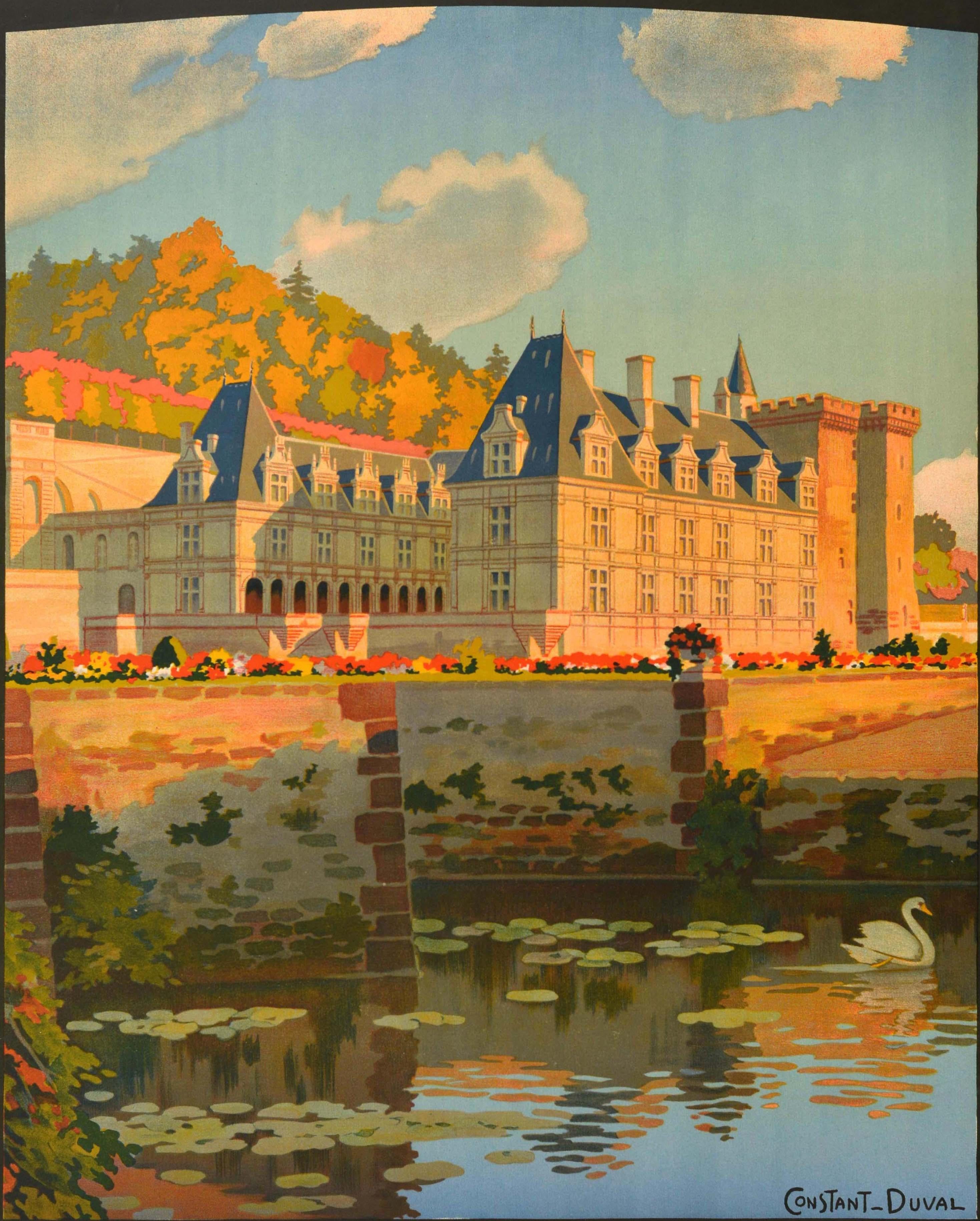Poster originale d'epoca - Paris Orleans Railway Villandry The Castles of Touraine Motor Car Tours - con una splendida veduta di Constant Duval (1877-1956) dello storico Chateau de Villandry, risalente al XVI secolo, con alberi sullo sfondo, fiori