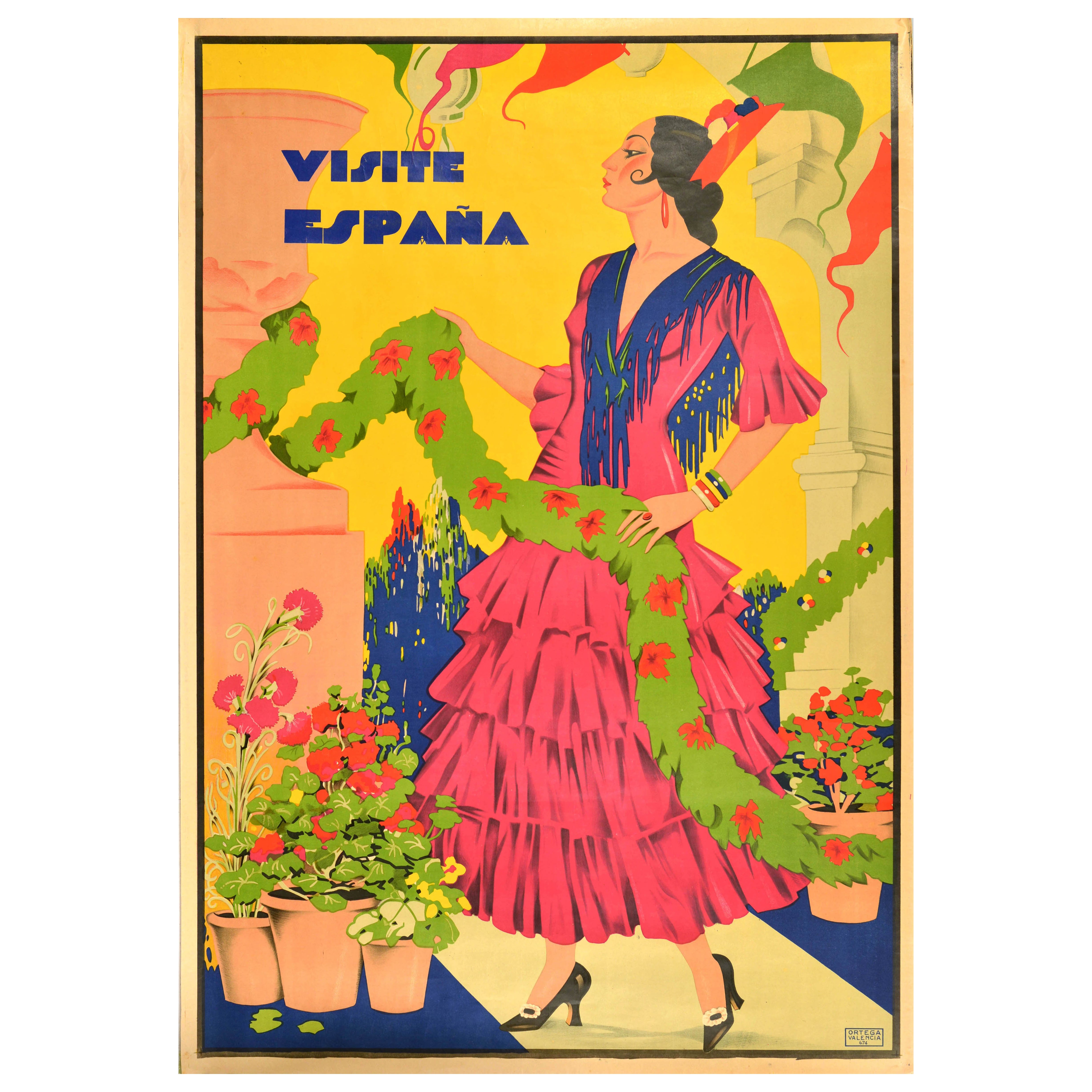 Original Antique Travel Poster Visite Espana Visit Spain Flamenco Art Deco