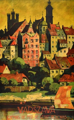 Affiche de voyage ancienne originale Warszawa Chemins de fer polonais Stefan Norblin
